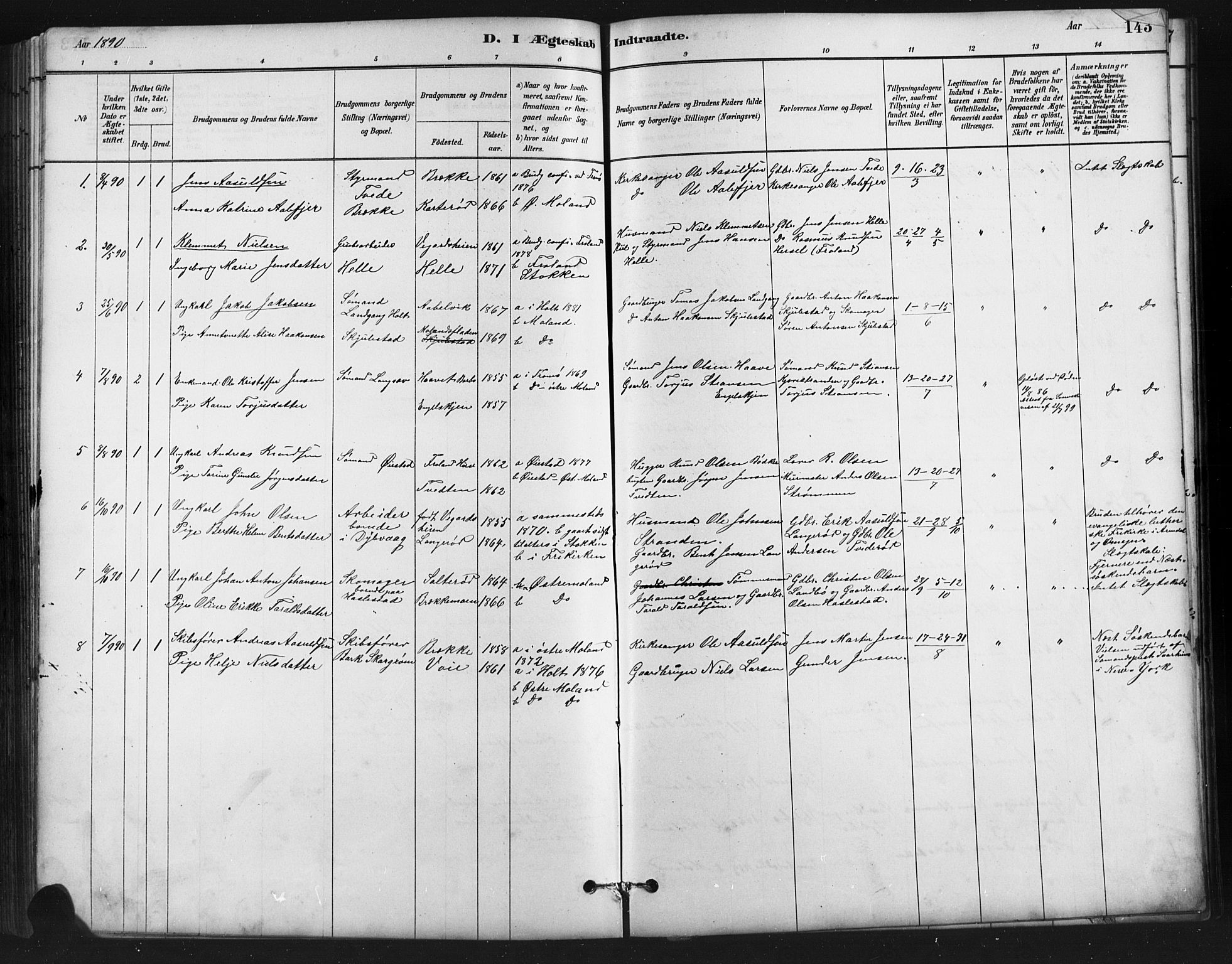 Austre Moland sokneprestkontor, AV/SAK-1111-0001/F/Fb/Fba/L0003: Parish register (copy) no. B 3, 1879-1914, p. 143