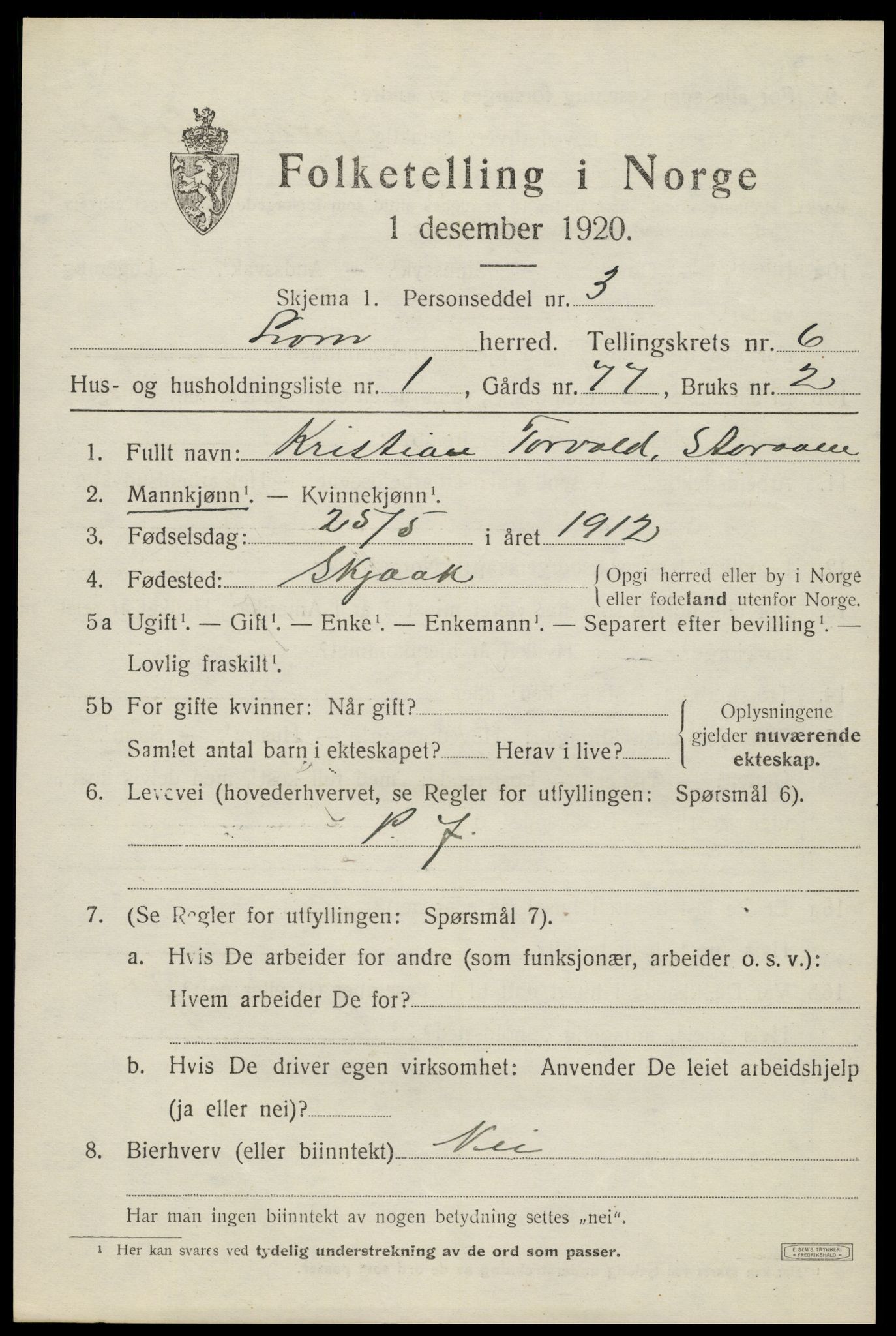 SAH, 1920 census for Lom, 1920, p. 3734