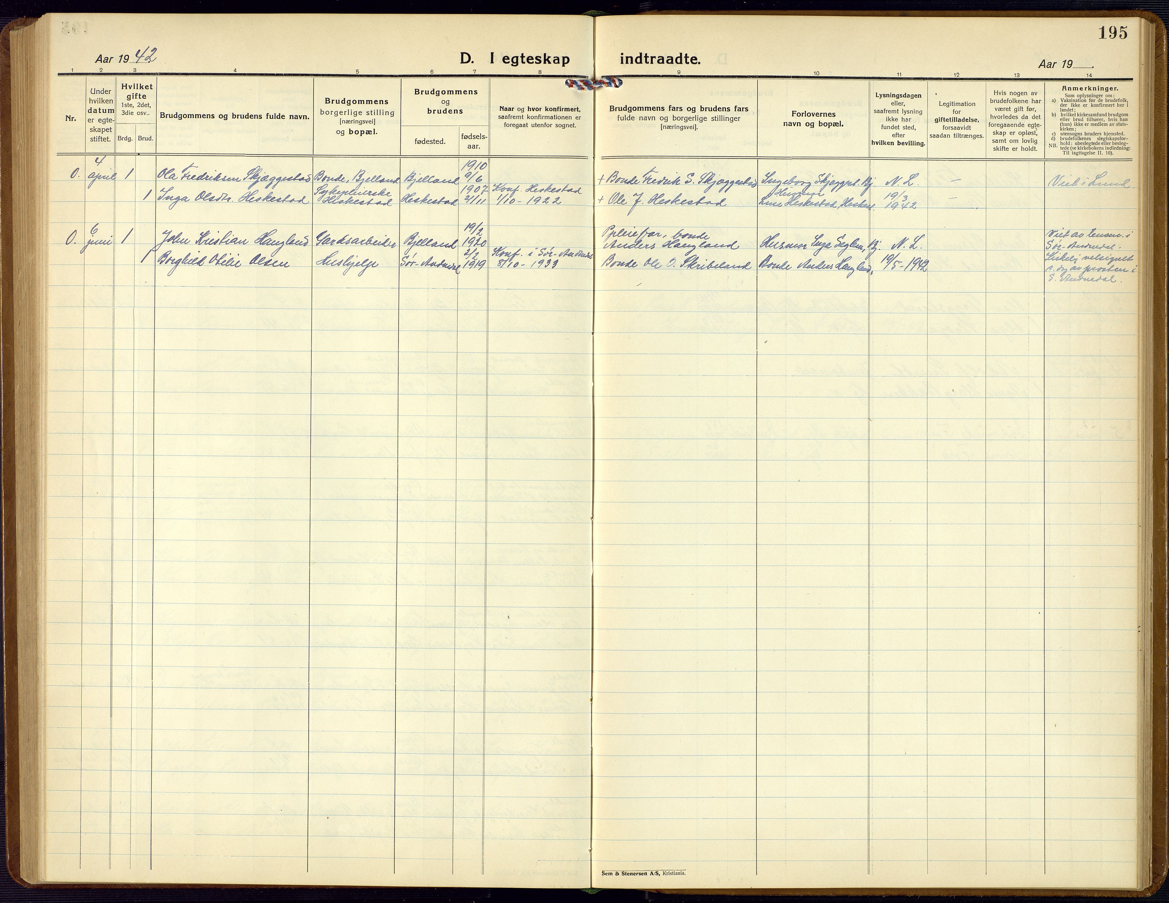 Bjelland sokneprestkontor, SAK/1111-0005/F/Fb/Fba/L0006: Parish register (copy) no. B 6, 1923-1956, p. 195