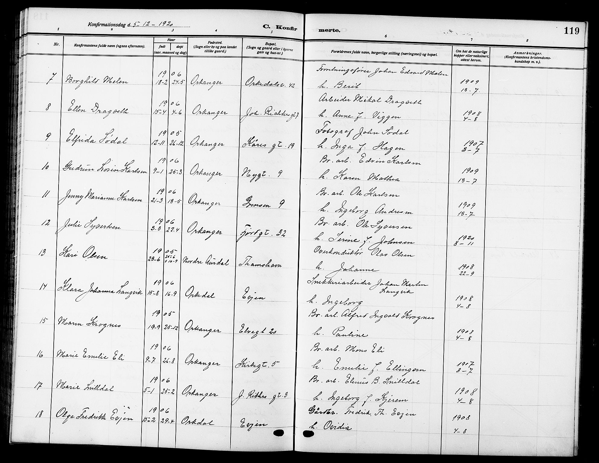 Ministerialprotokoller, klokkerbøker og fødselsregistre - Sør-Trøndelag, AV/SAT-A-1456/669/L0831: Parish register (copy) no. 669C01, 1909-1924, p. 119