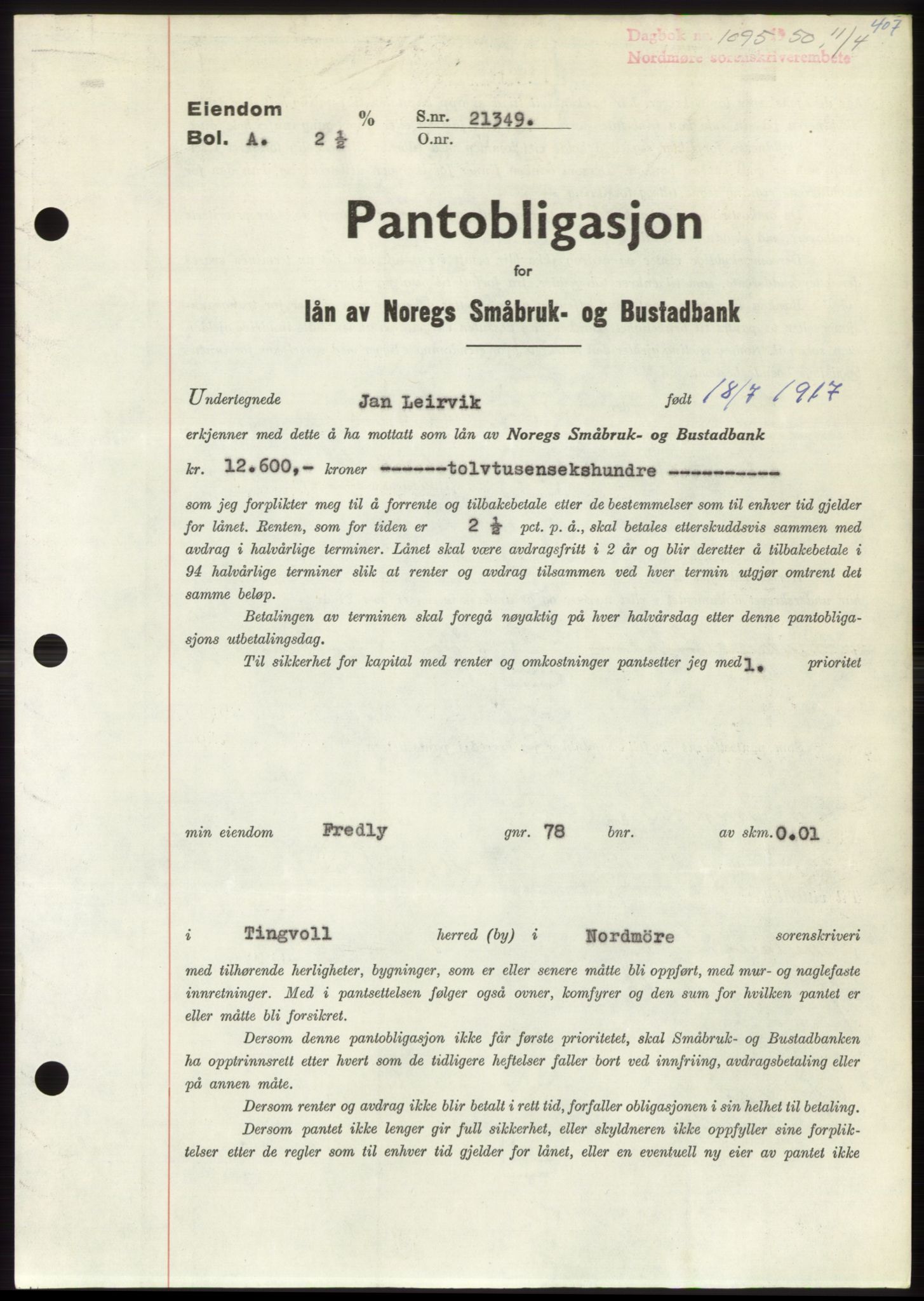 Nordmøre sorenskriveri, AV/SAT-A-4132/1/2/2Ca: Mortgage book no. B104, 1950-1950, Diary no: : 1095/1950