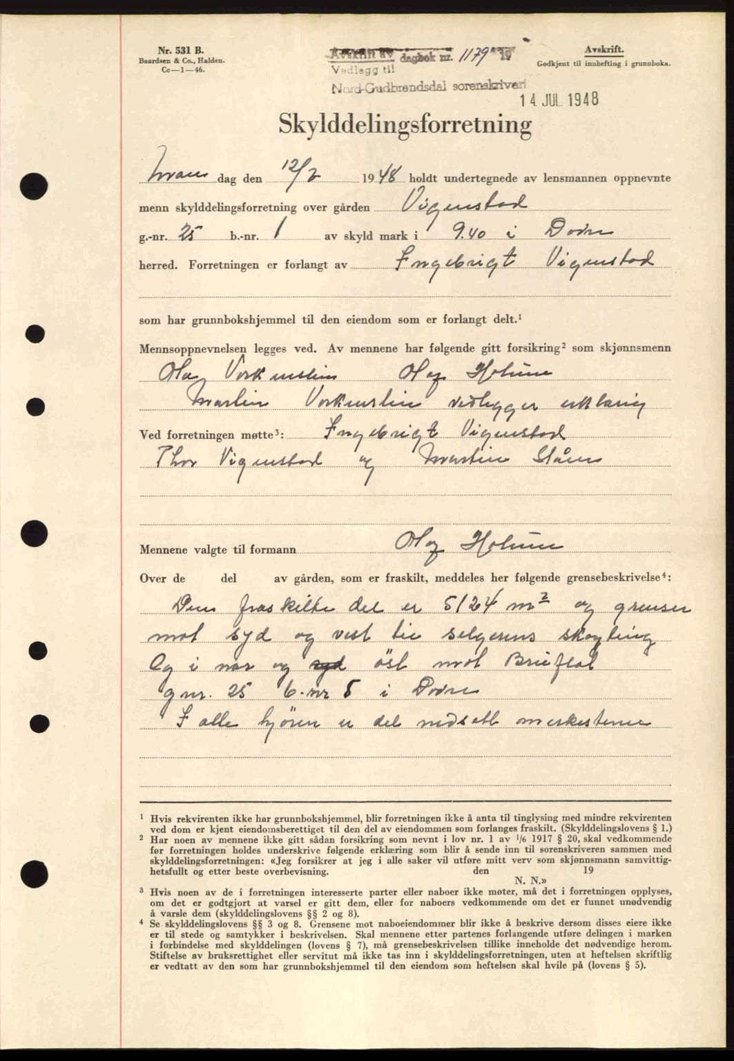 Nord-Gudbrandsdal tingrett, AV/SAH-TING-002/H/Hb/Hbb/L0020: Mortgage book no. FA20, 1948-1948, Diary no: : 1179/1948