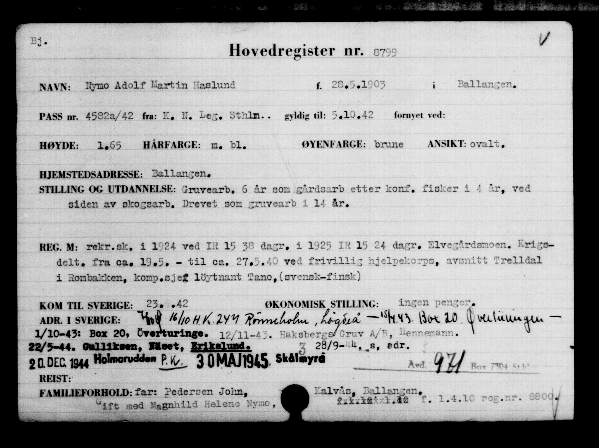 Utenriksstasjonene, Legasjonen i Stockholm, Flyktningkontoret, AV/RA-S-6753/V/Va/L0005: Kjesäterkartoteket, flyktninger med registreringsnr. 6600-9417, 1940-1945, p. 2578