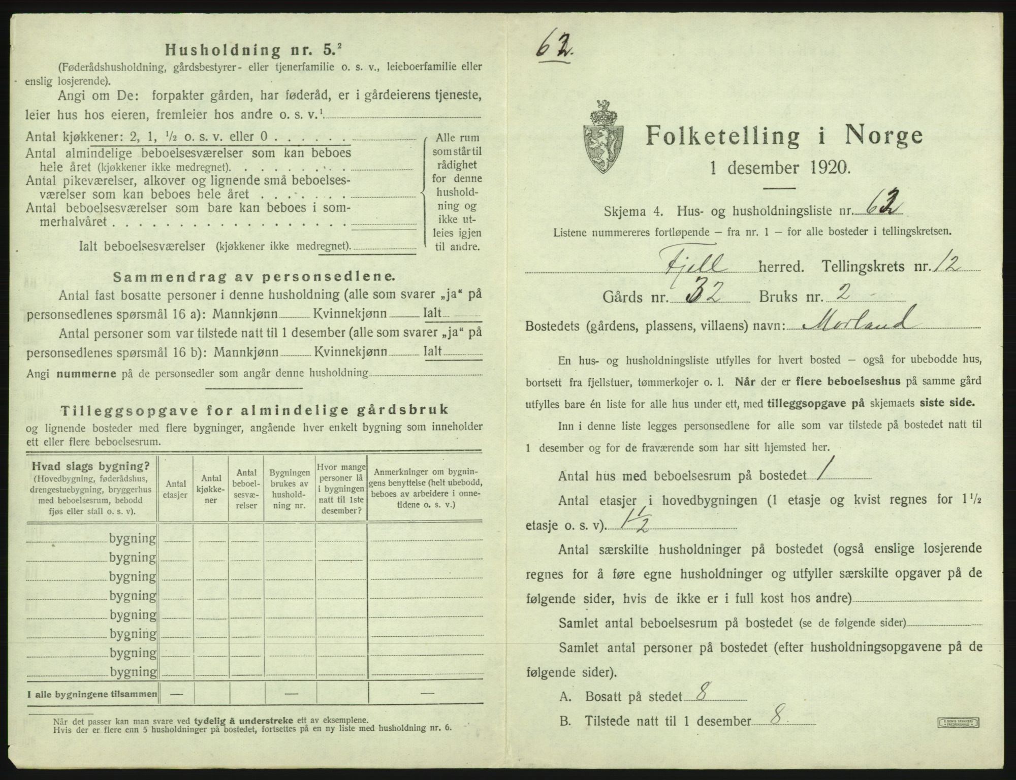 SAB, 1920 census for Fjell, 1920, p. 1452