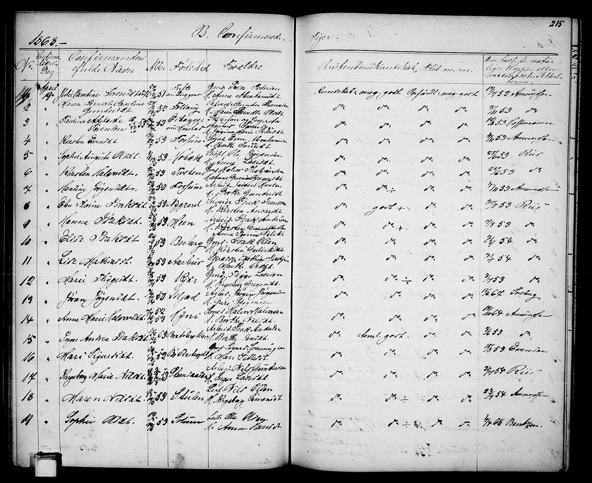 Gjerpen kirkebøker, SAKO/A-265/G/Ga/L0001: Parish register (copy) no. I 1, 1864-1882, p. 215