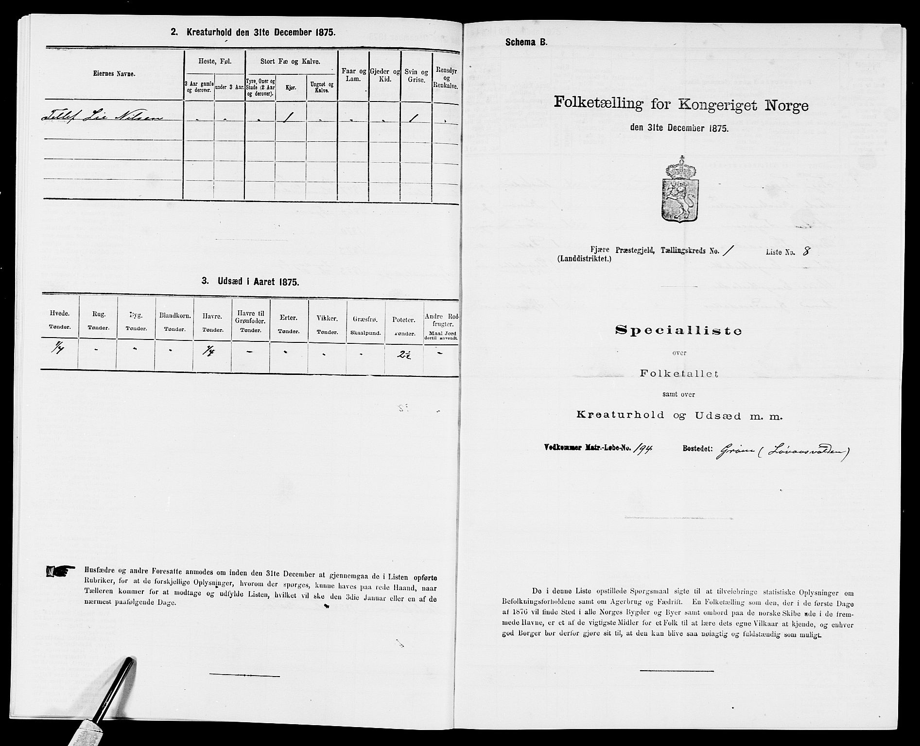 SAK, 1875 census for 0923L Fjære/Fjære, 1875, p. 83