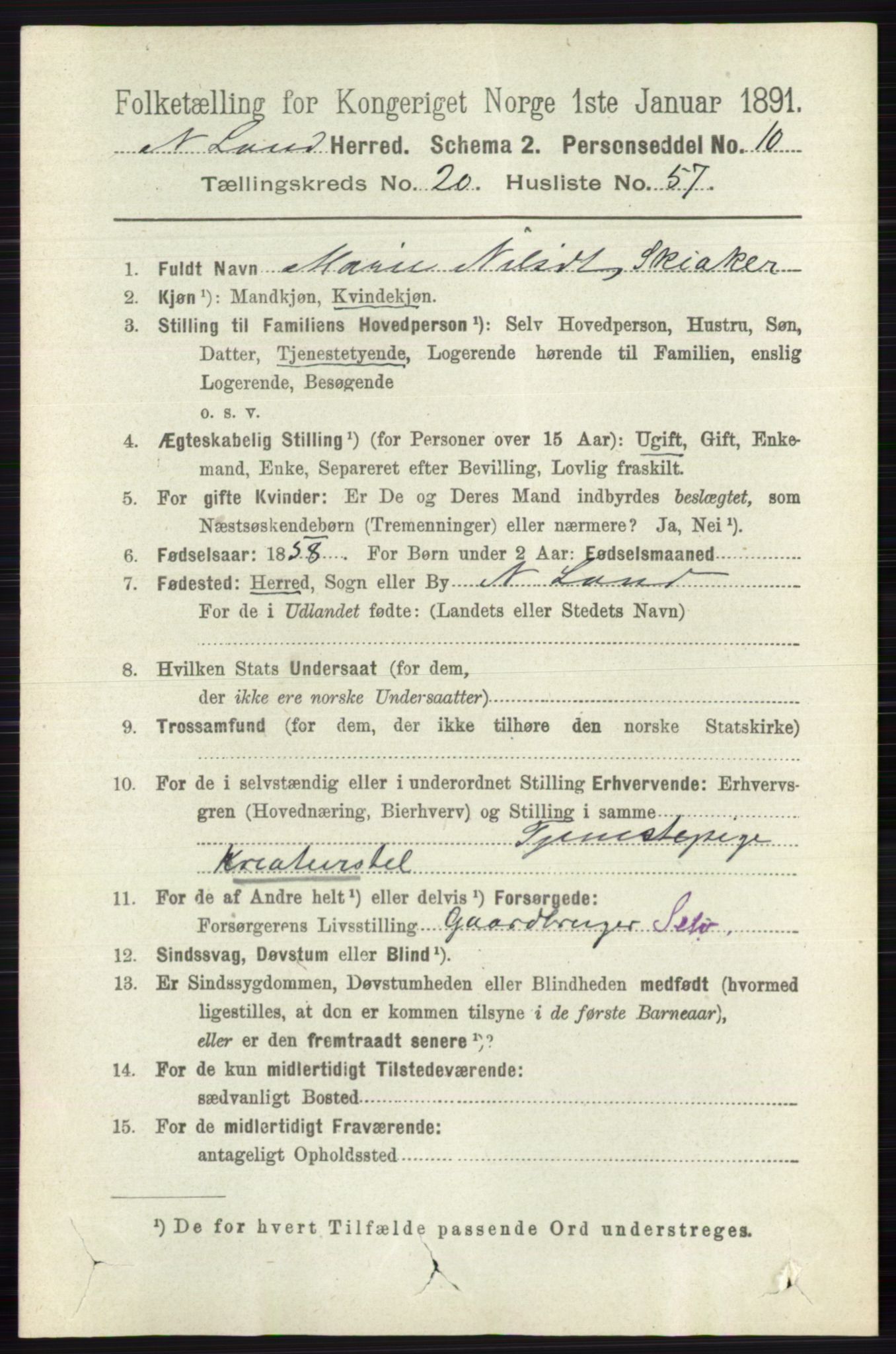 RA, 1891 census for 0538 Nordre Land, 1891, p. 5216