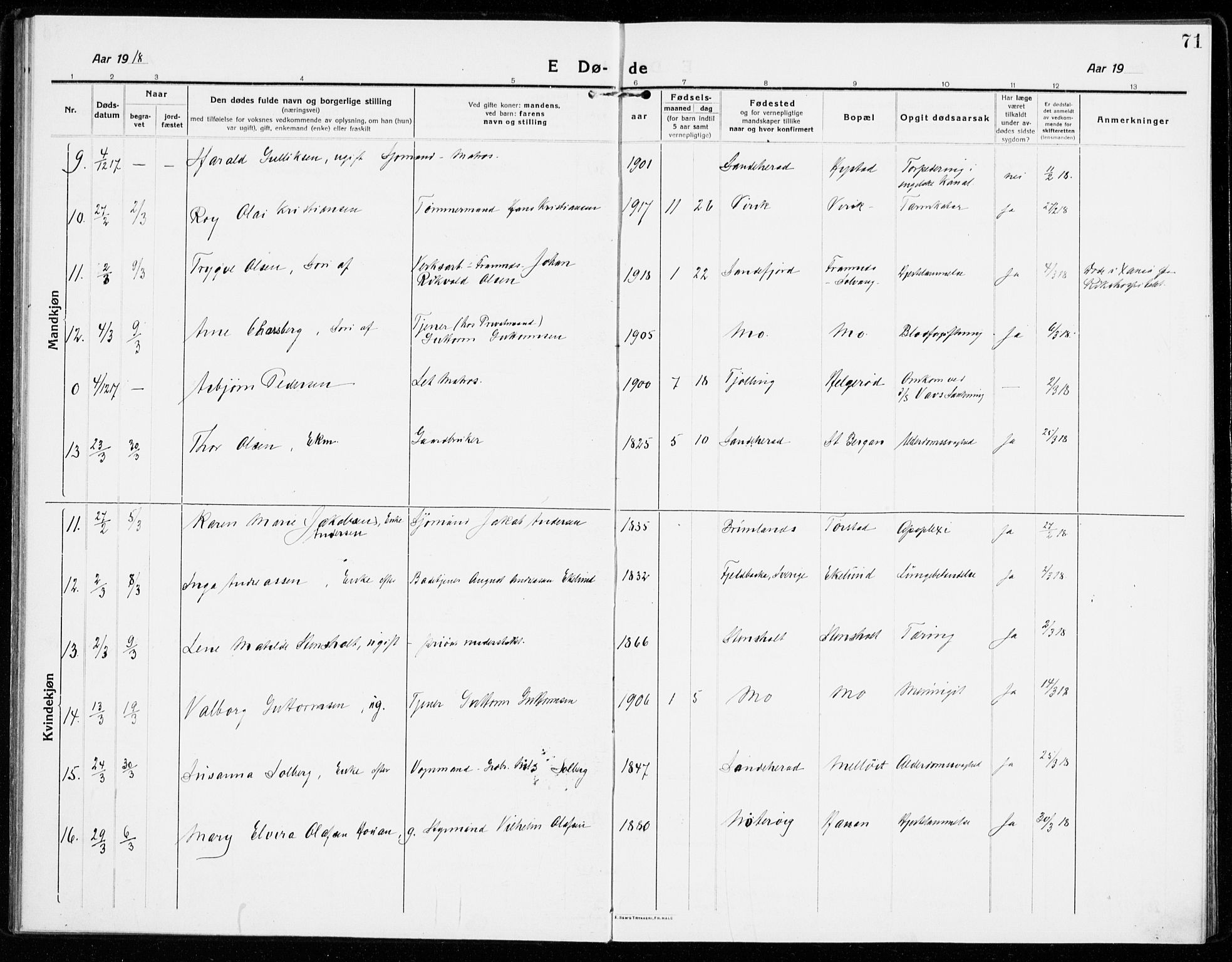 Sandar kirkebøker, SAKO/A-243/F/Fa/L0020: Parish register (official) no. 20, 1915-1919, p. 71