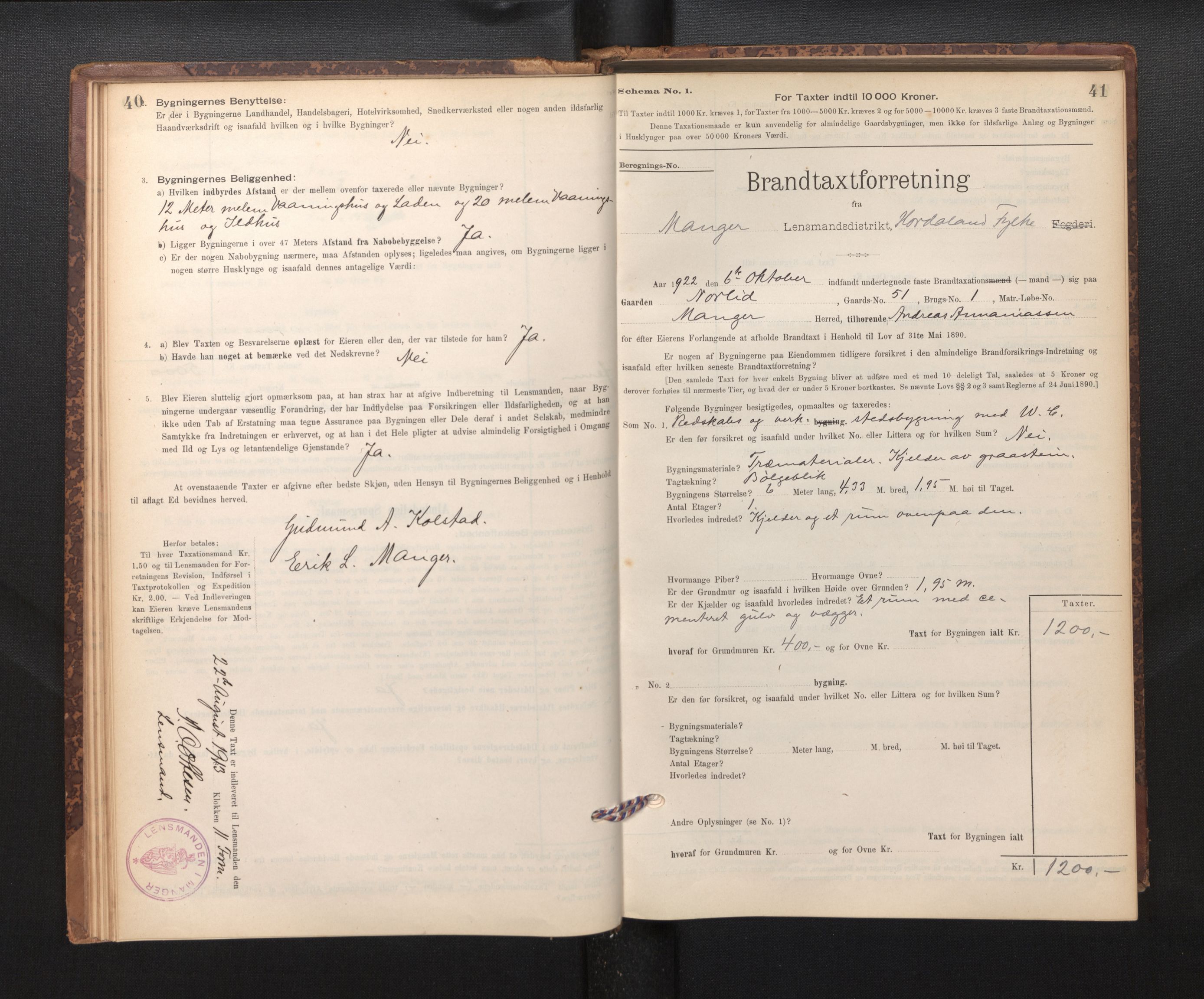 Lensmannen i Manger, SAB/A-33701/0012/L0004: Branntakstprotokoll, skjematakst, 1894-1952, p. 40-41