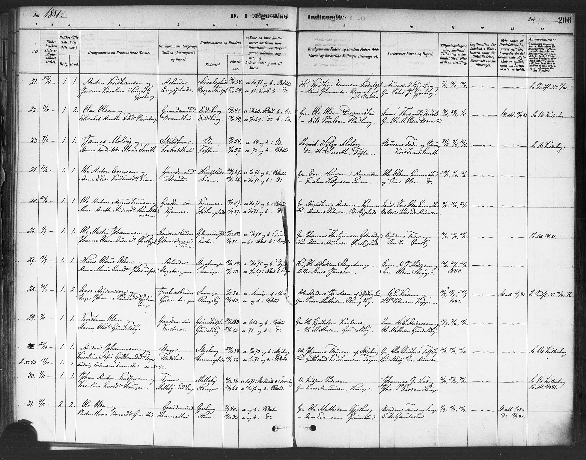 Rakkestad prestekontor Kirkebøker, AV/SAO-A-2008/F/Fa/L0012: Parish register (official) no. I 12, 1878-1893, p. 206