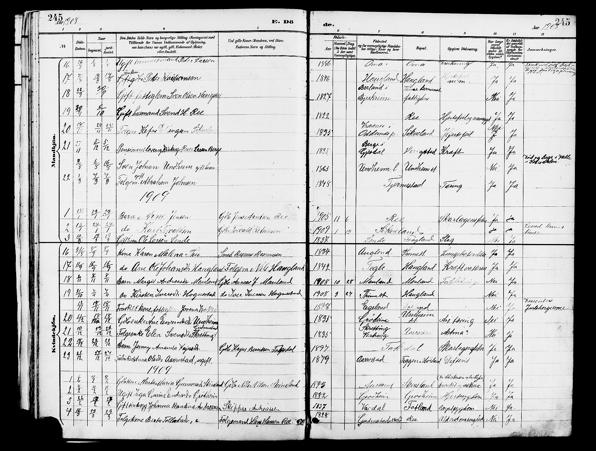 Lye sokneprestkontor, SAST/A-101794/001/30BB/L0007: Parish register (copy) no. B 8, 1889-1909, p. 245