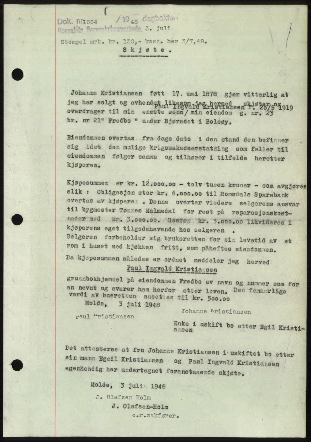 Romsdal sorenskriveri, AV/SAT-A-4149/1/2/2C: Mortgage book no. A26, 1948-1948, Diary no: : 1664/1948