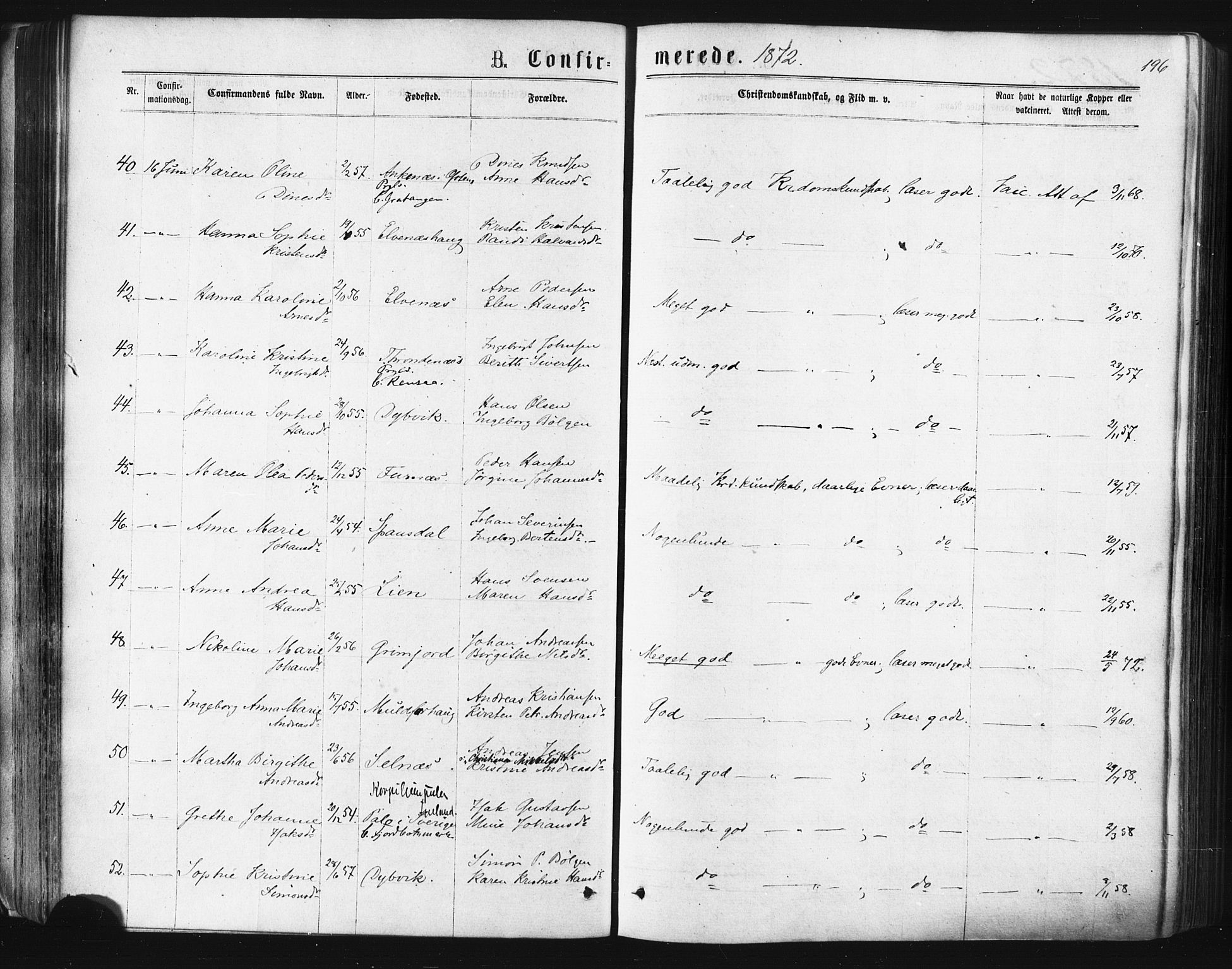 Ibestad sokneprestembete, SATØ/S-0077/H/Ha/Haa/L0010kirke: Parish register (official) no. 10, 1869-1879, p. 196
