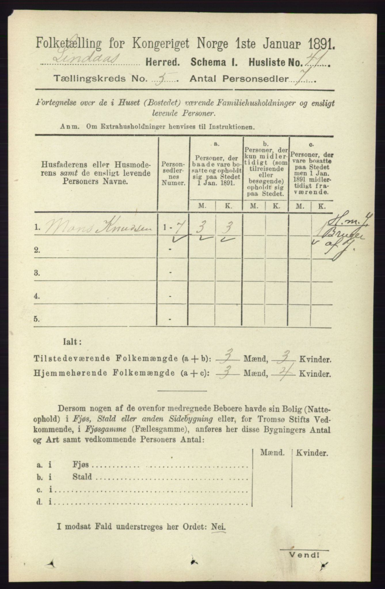 RA, 1891 census for 1263 Lindås, 1891, p. 1437