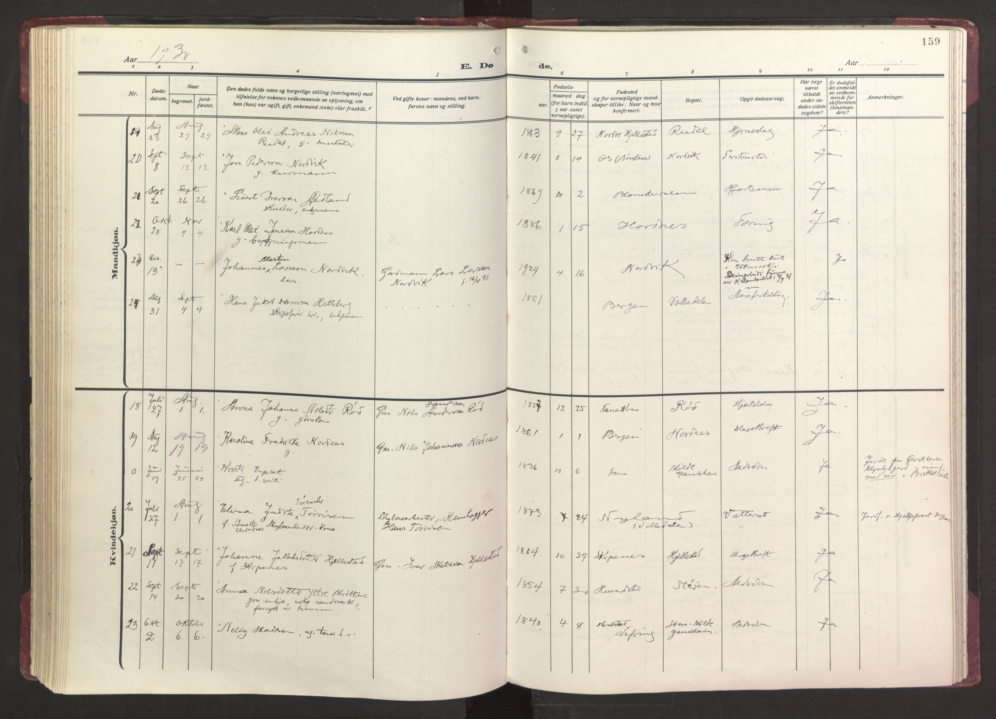 Fana Sokneprestembete, AV/SAB-A-75101/H/Haa/Haab/L0006: Parish register (official) no. B 6, 1923-1967, p. 159