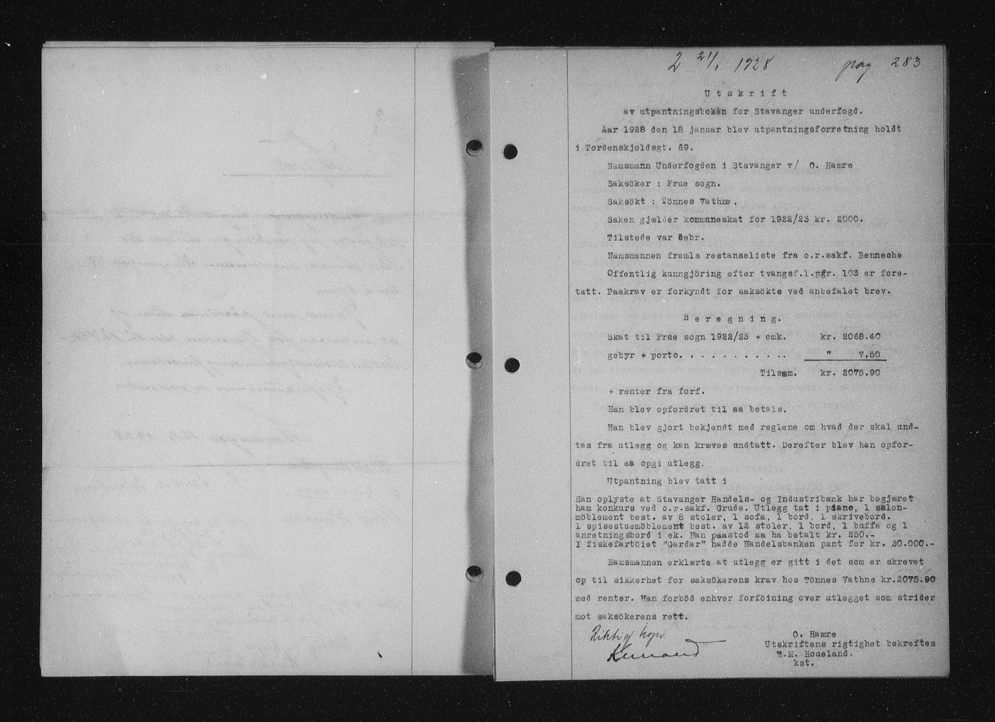 Stavanger byfogd, SAST/A-101408/001/4/41/410/410BB/L0053: Mortgage book no. 41, 1927-1928, Deed date: 21.01.1928