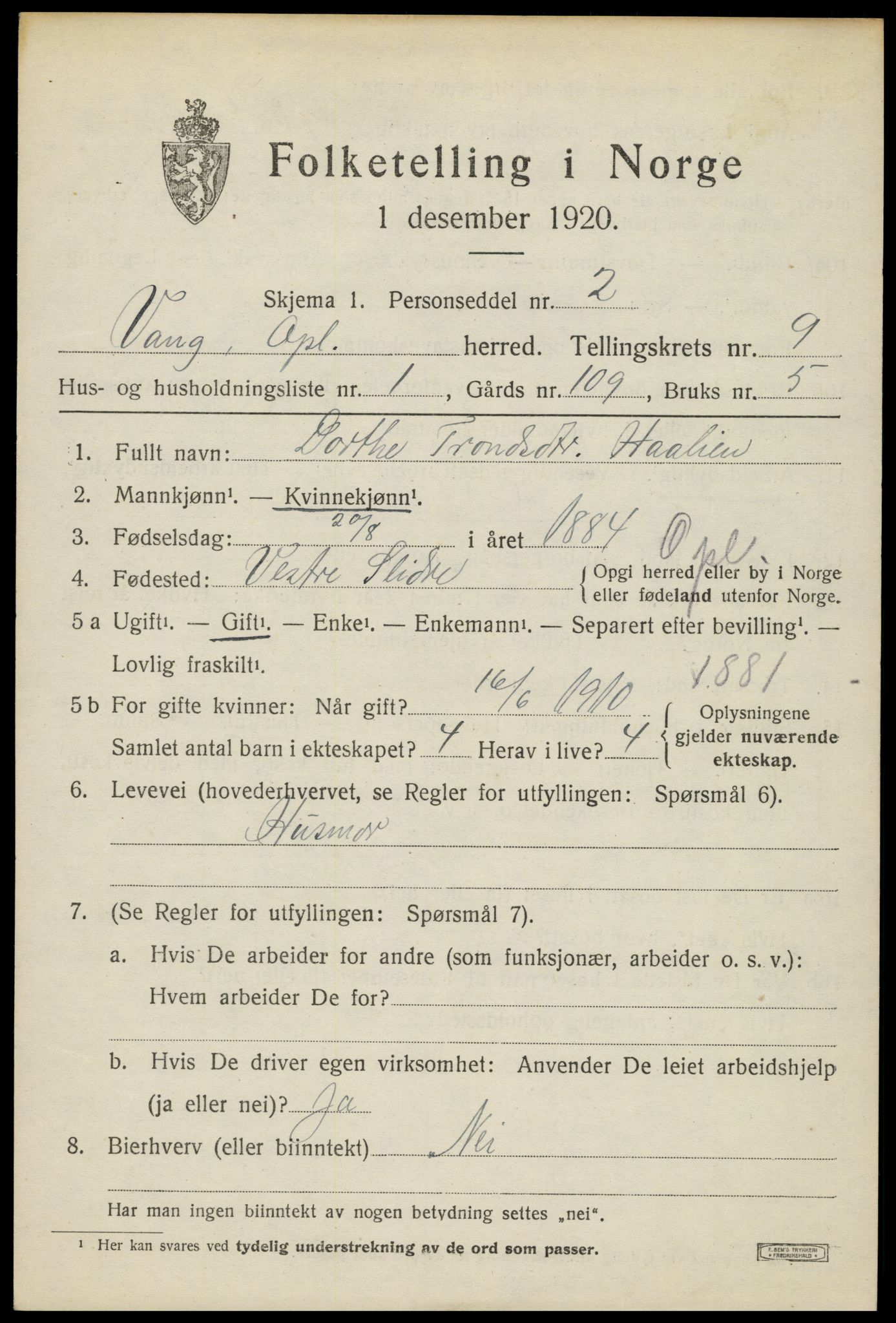 SAH, 1920 census for Vang (Oppland), 1920, p. 3859