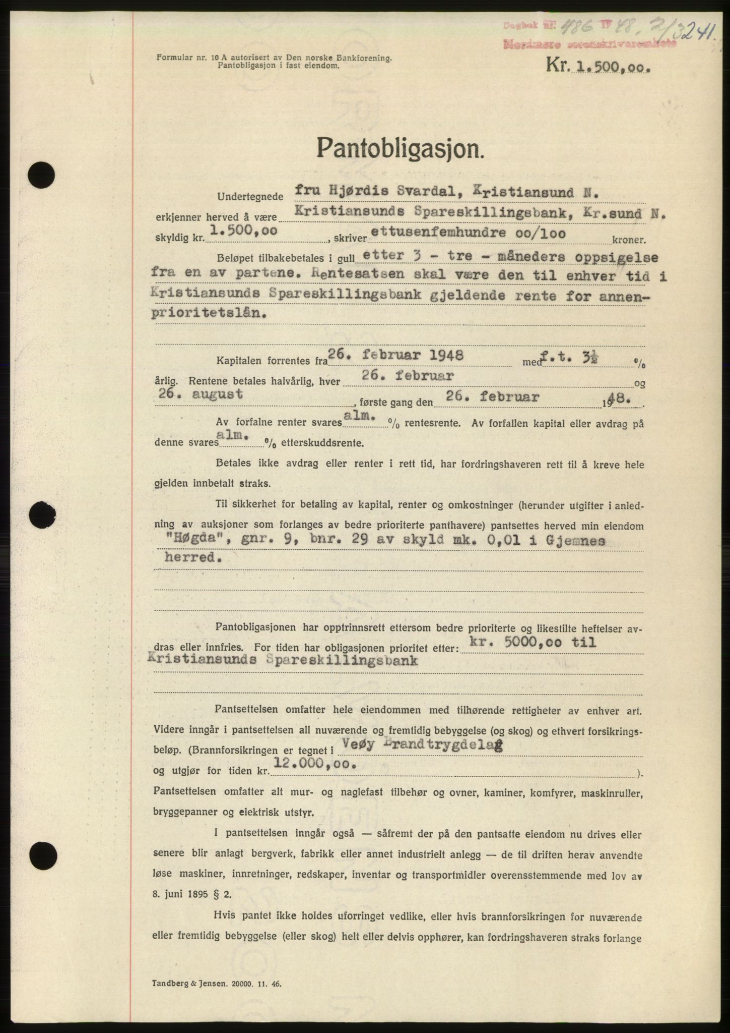 Nordmøre sorenskriveri, AV/SAT-A-4132/1/2/2Ca: Mortgage book no. B98, 1948-1948, Diary no: : 486/1948