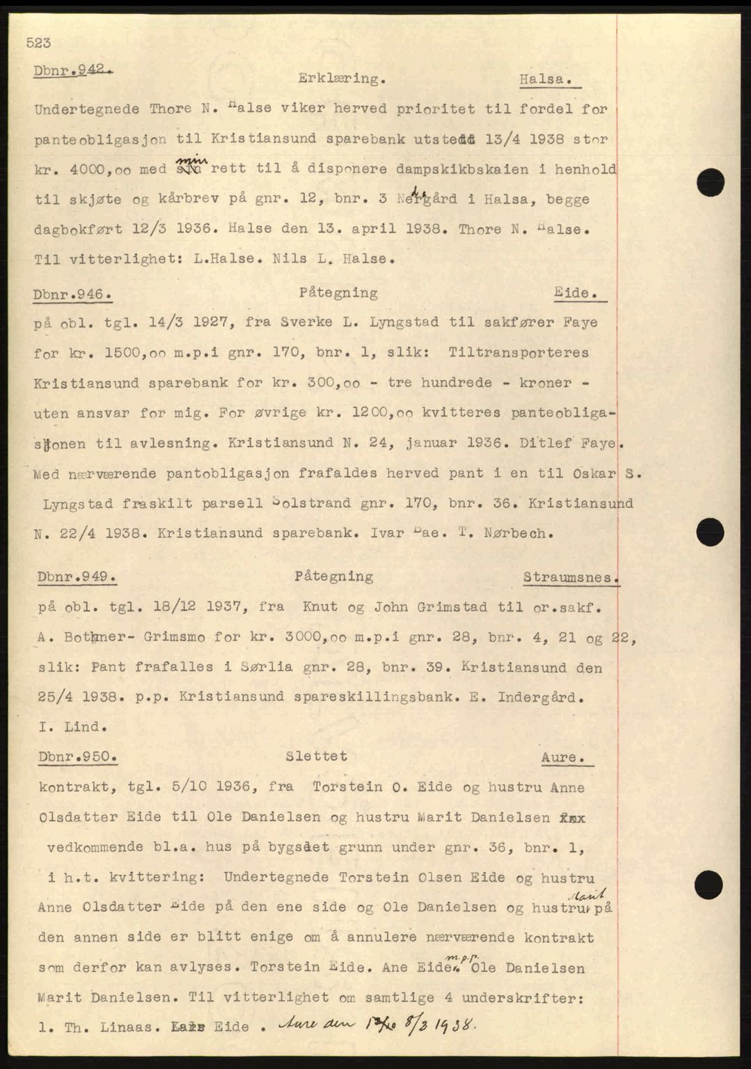 Nordmøre sorenskriveri, AV/SAT-A-4132/1/2/2Ca: Mortgage book no. C80, 1936-1939, Diary no: : 942/1938