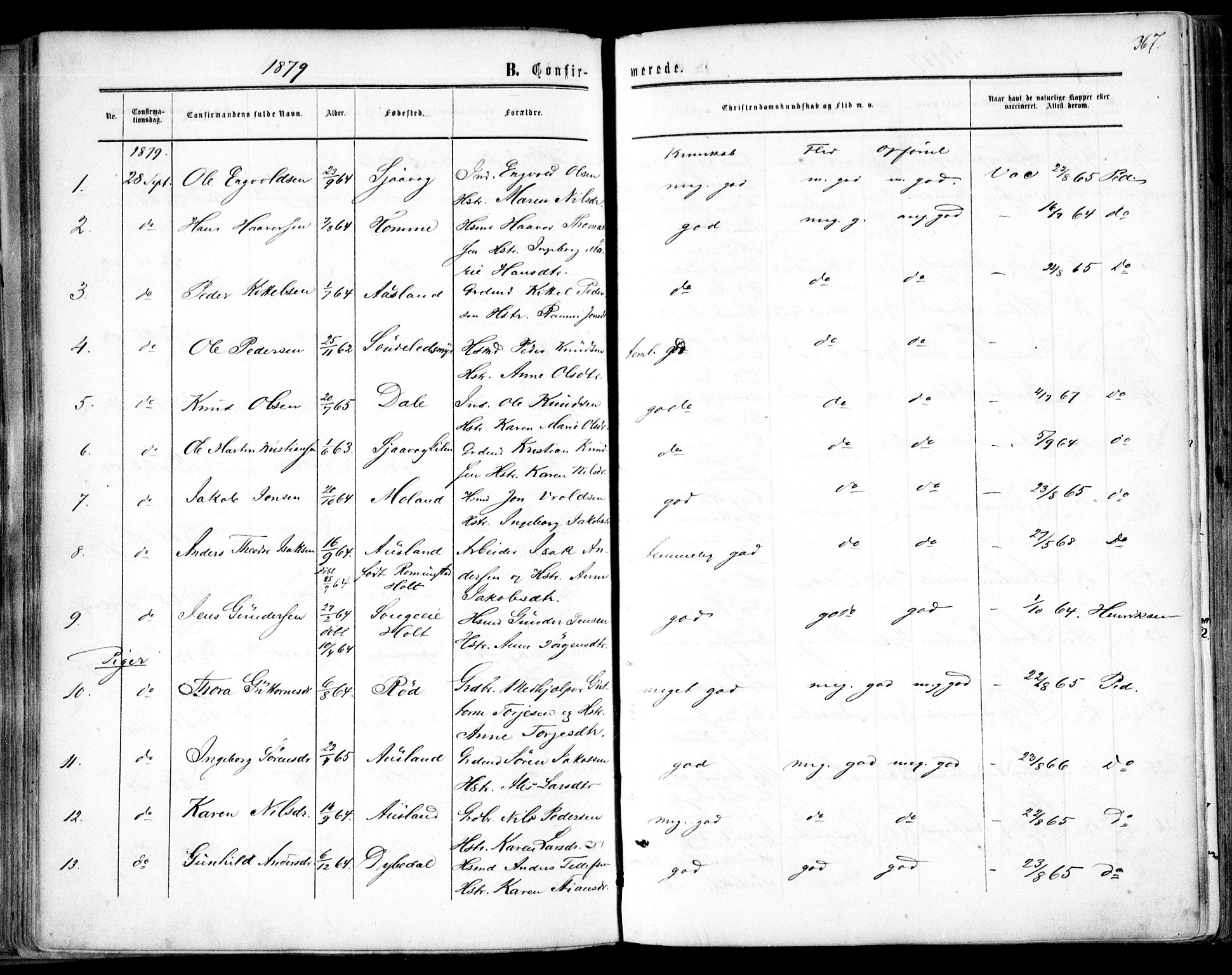 Søndeled sokneprestkontor, AV/SAK-1111-0038/F/Fa/L0003: Parish register (official) no. A 3, 1861-1879, p. 367