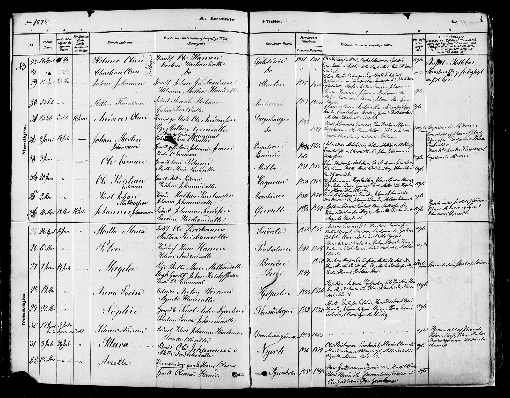 Vestre Toten prestekontor, AV/SAH-PREST-108/H/Ha/Haa/L0009: Parish register (official) no. 9, 1878-1894, p. 4