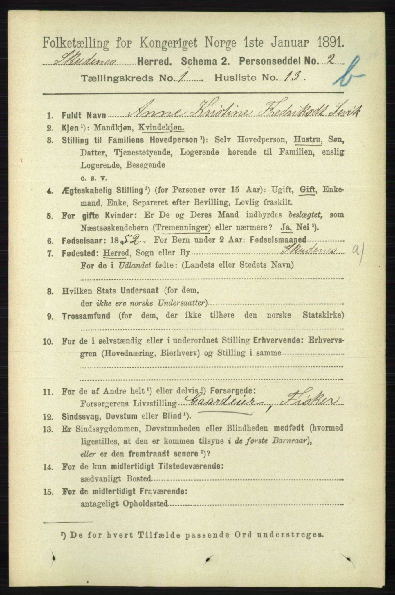 RA, 1891 census for 1150 Skudenes, 1891, p. 3473