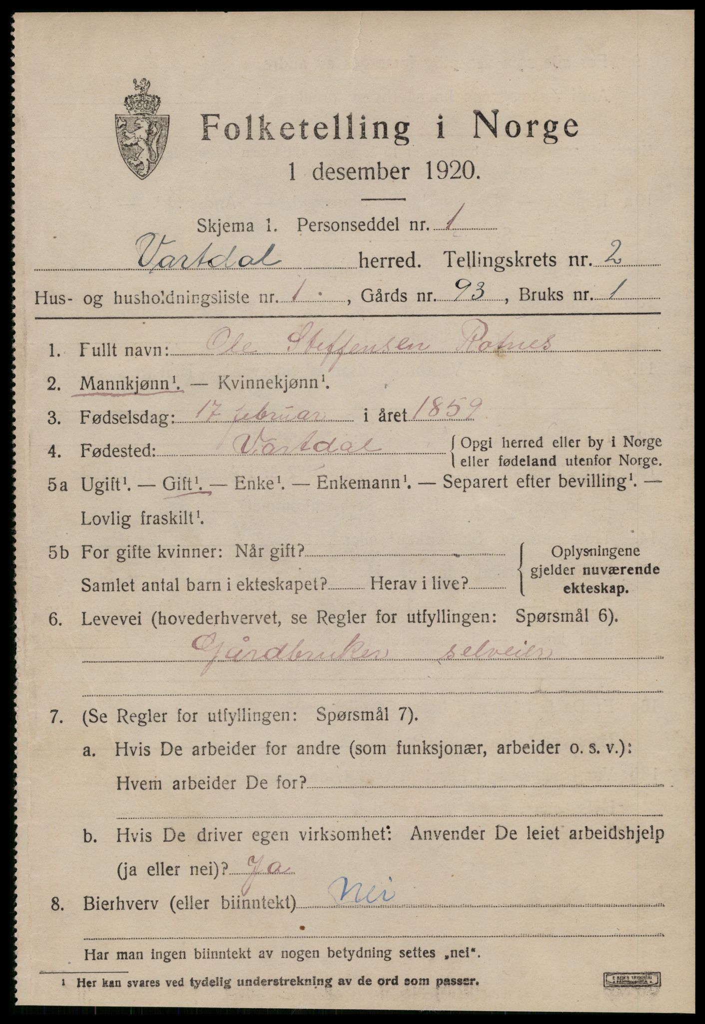 SAT, 1920 census for Vartdal, 1920, p. 741