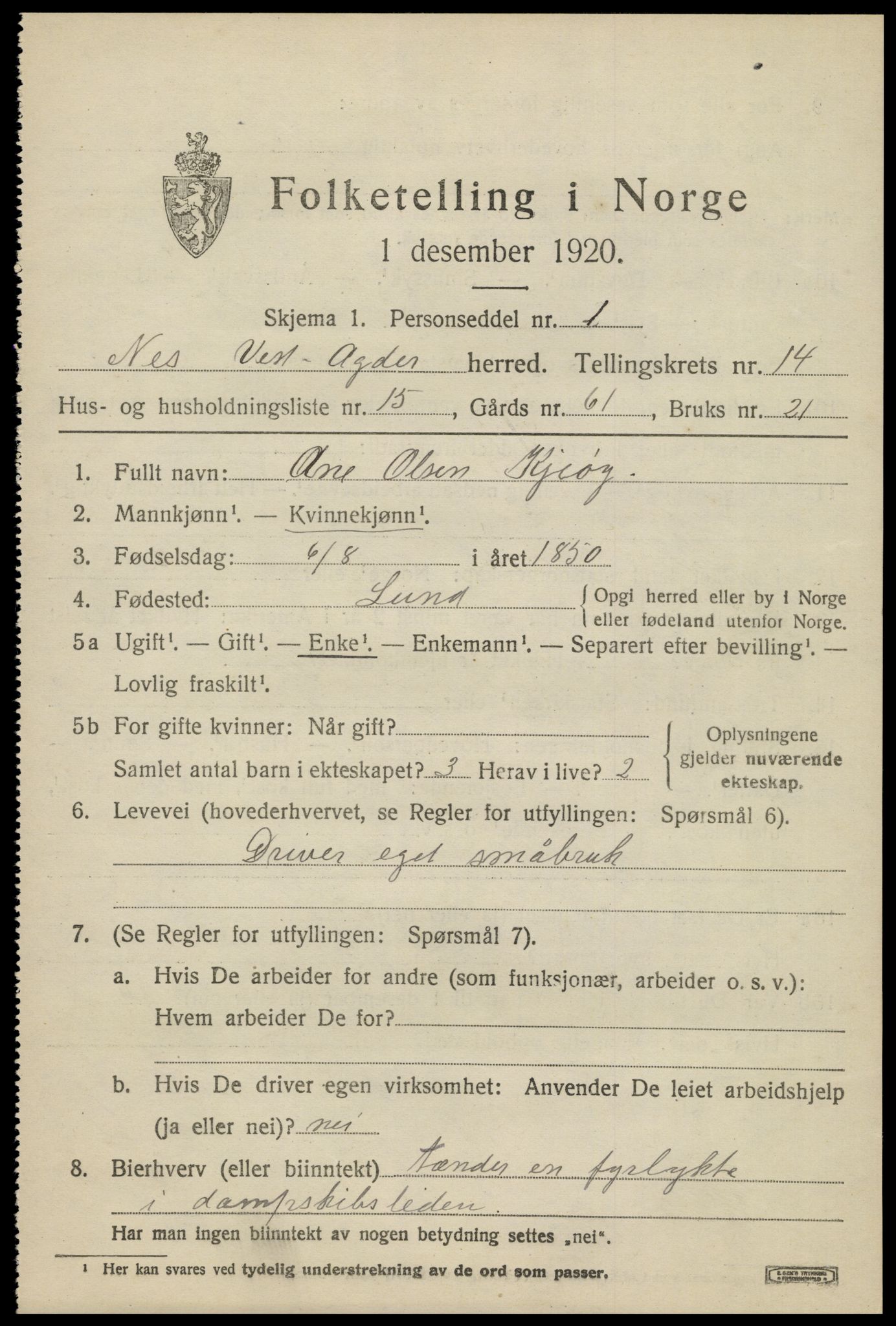 SAK, 1920 census for Nes (V-A), 1920, p. 5590