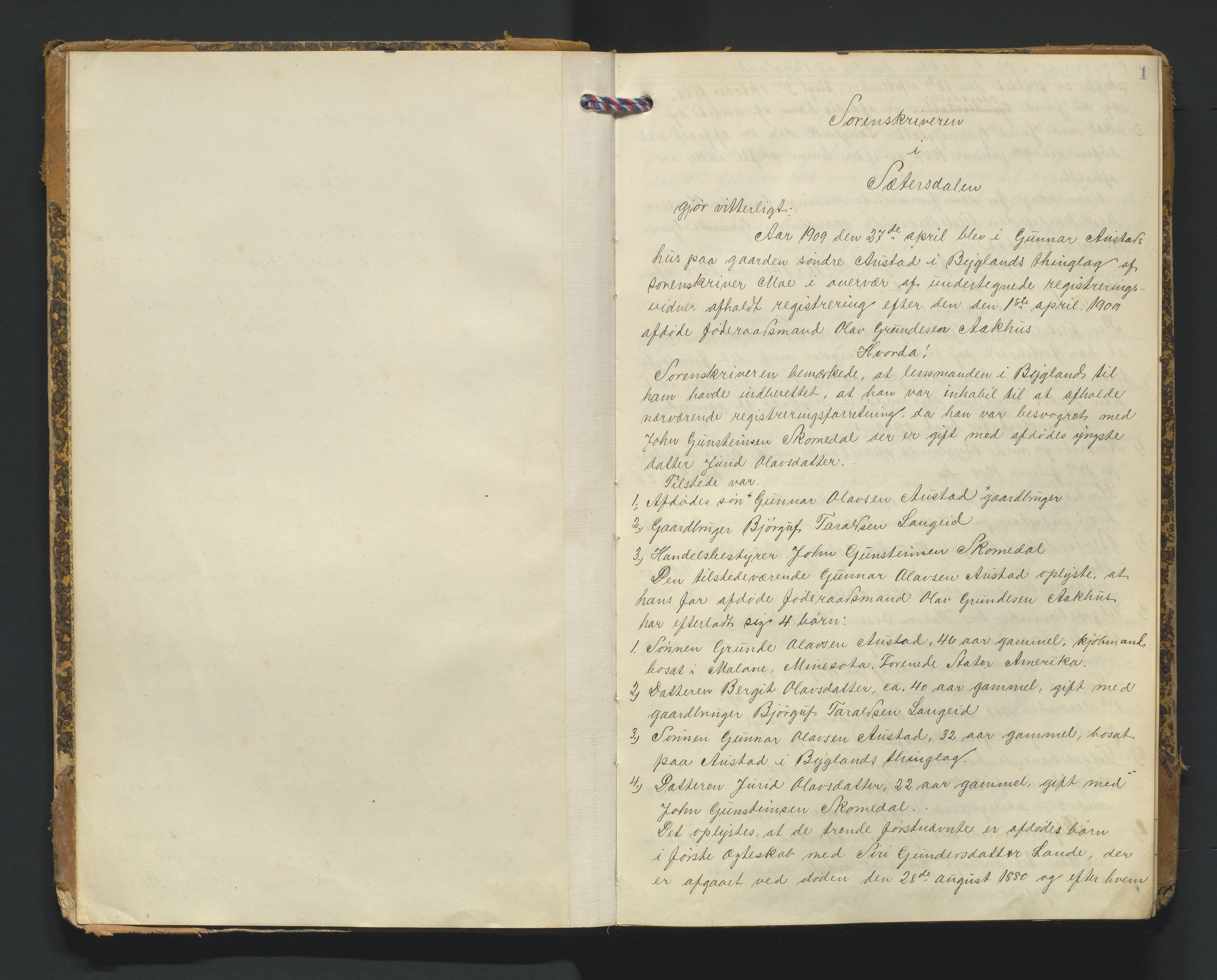 Setesdal sorenskriveri, AV/SAK-1221-0011/H/Hc/L0039: Skifteforhandlingsprotokoll nr 11, 1909-1920, p. 1