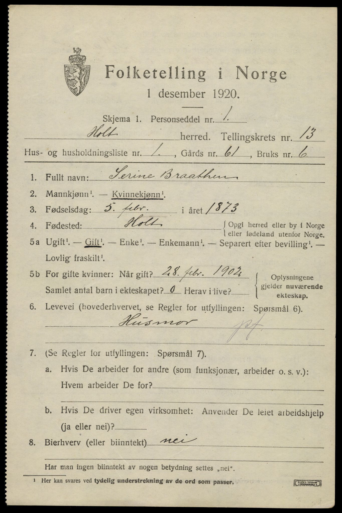 SAK, 1920 census for Holt, 1920, p. 7634