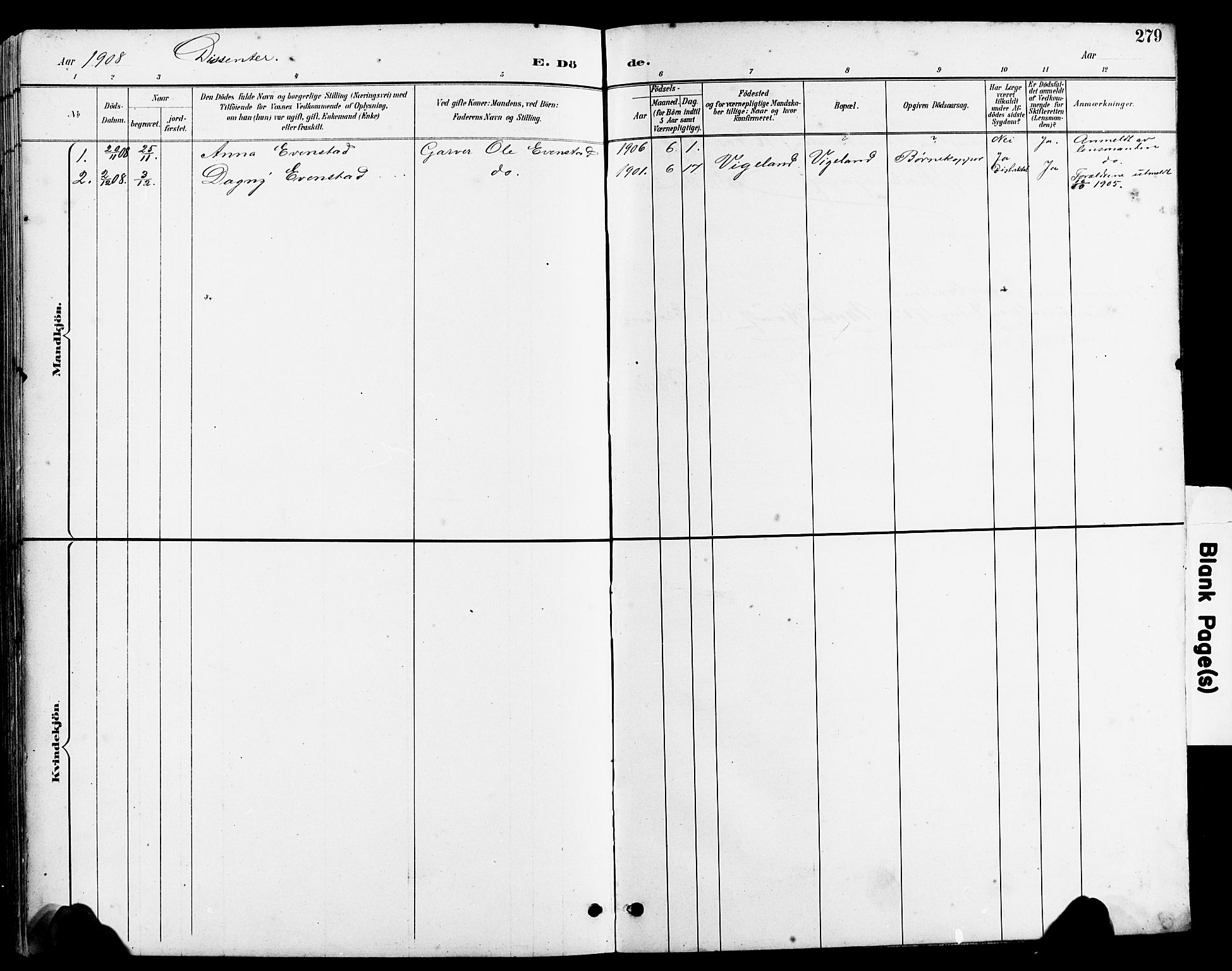 Sør-Audnedal sokneprestkontor, SAK/1111-0039/F/Fb/Fbb/L0006: Parish register (copy) no. B 6, 1893-1915, p. 279
