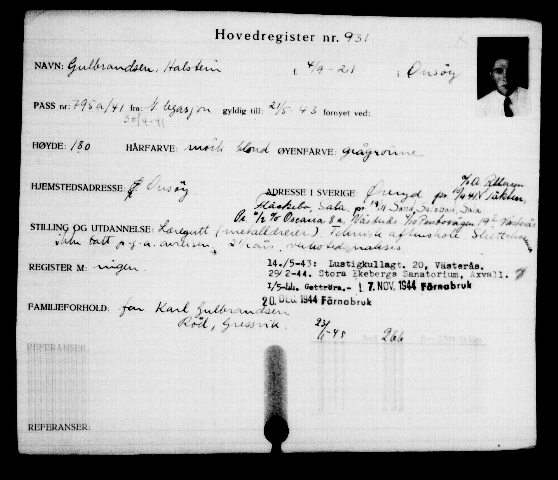Utenriksstasjonene, Legasjonen i Stockholm, Flyktningkontoret, AV/RA-S-6753/V/Va/L0001: Kjesäterkartoteket, flyktninger med registreringsnr. 1-1000, 1940-1945, p. 1457