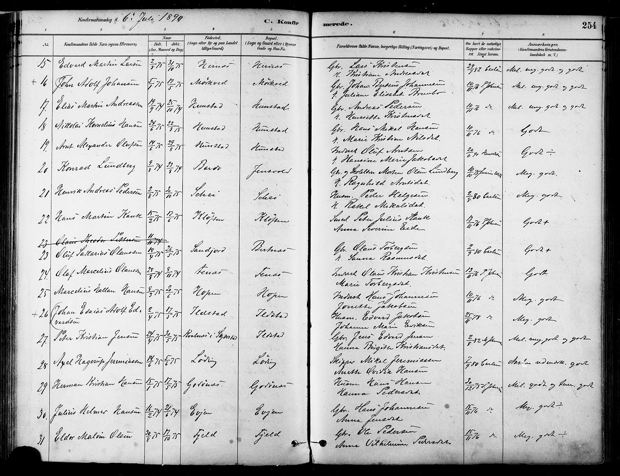 Ministerialprotokoller, klokkerbøker og fødselsregistre - Nordland, SAT/A-1459/802/L0054: Parish register (official) no. 802A01, 1879-1893, p. 254