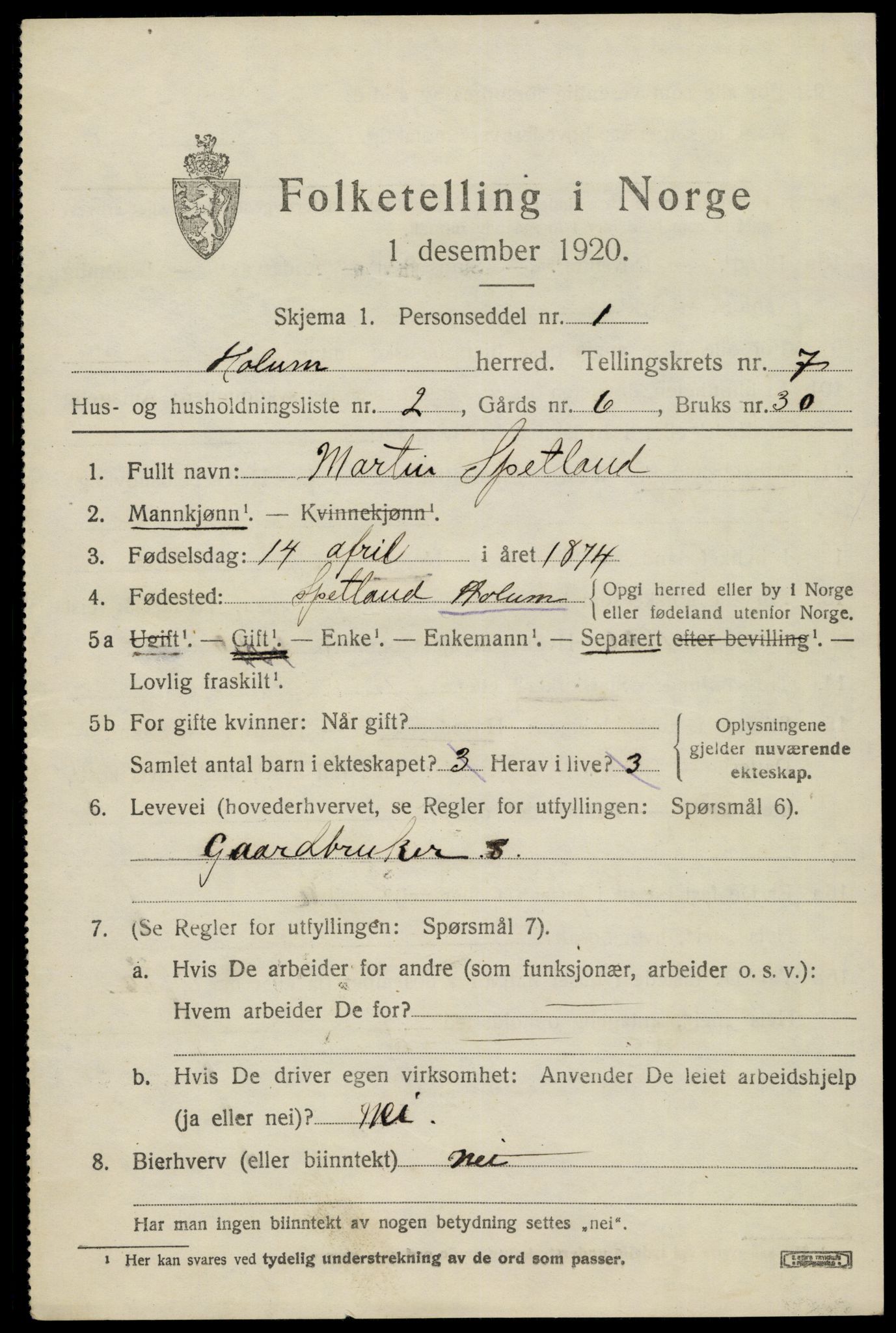 SAK, 1920 census for Holum, 1920, p. 2407