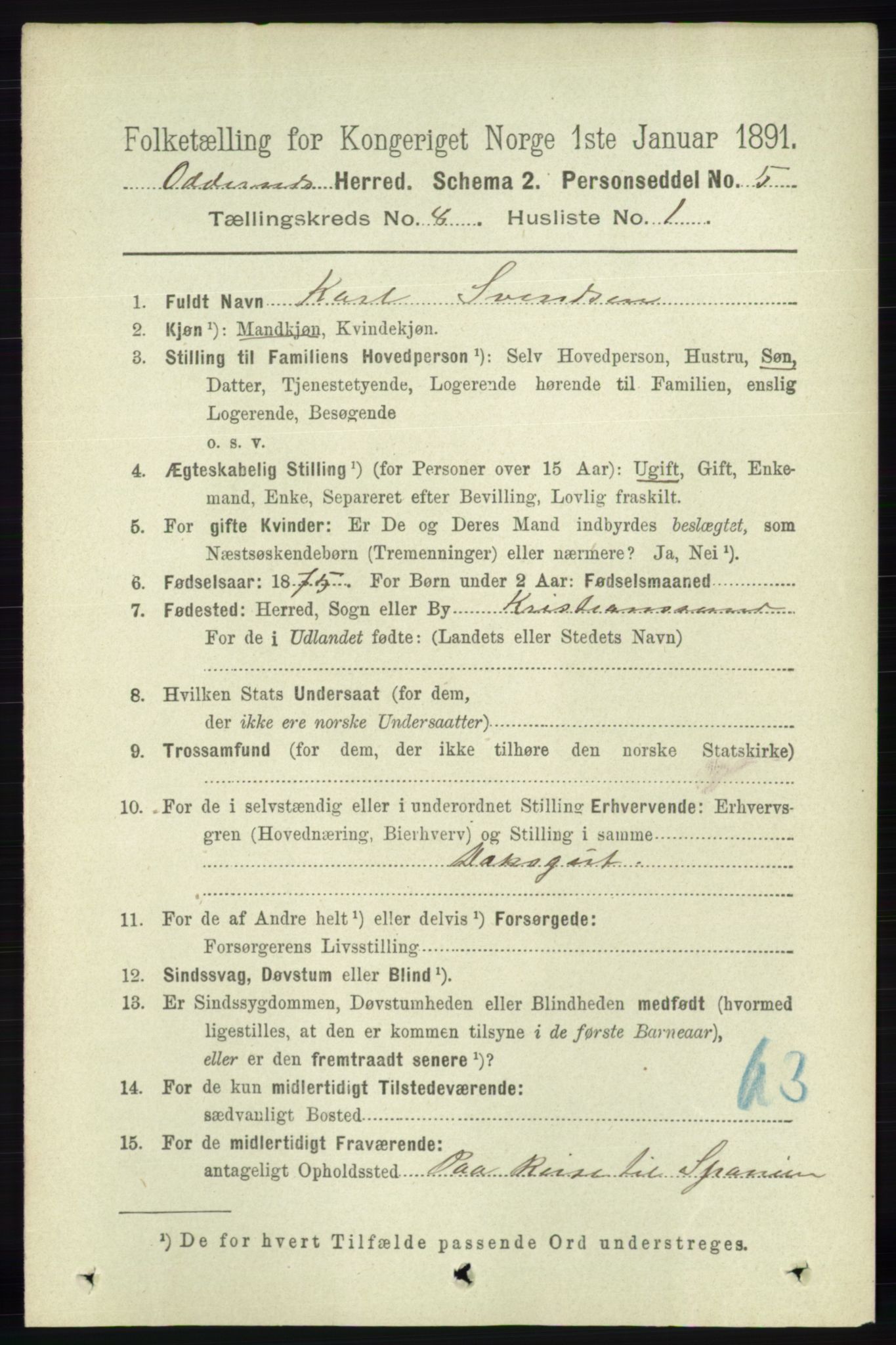 RA, 1891 census for 1012 Oddernes, 1891, p. 2710