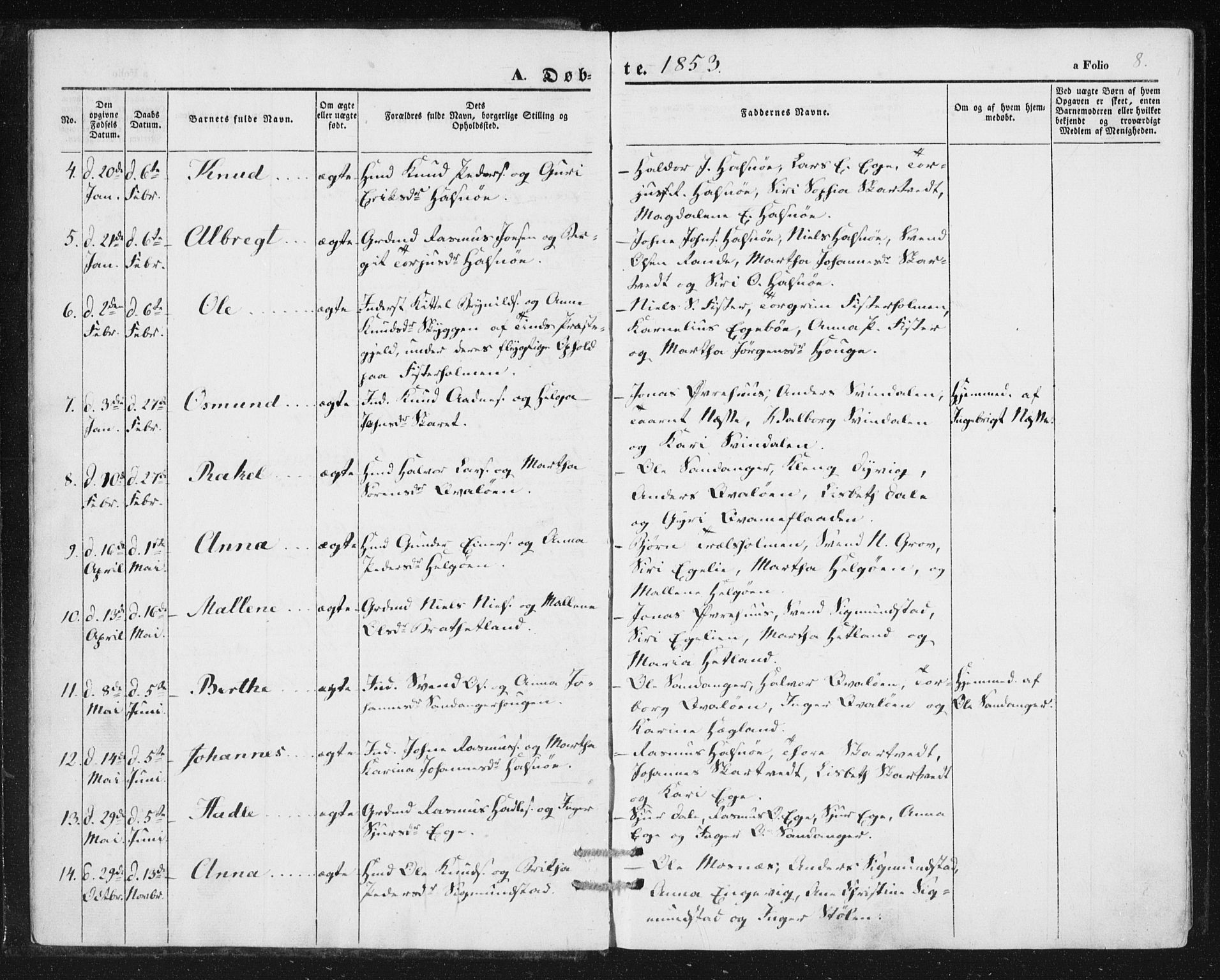 Hjelmeland sokneprestkontor, AV/SAST-A-101843/01/IV/L0010: Parish register (official) no. A 10, 1851-1871, p. 8