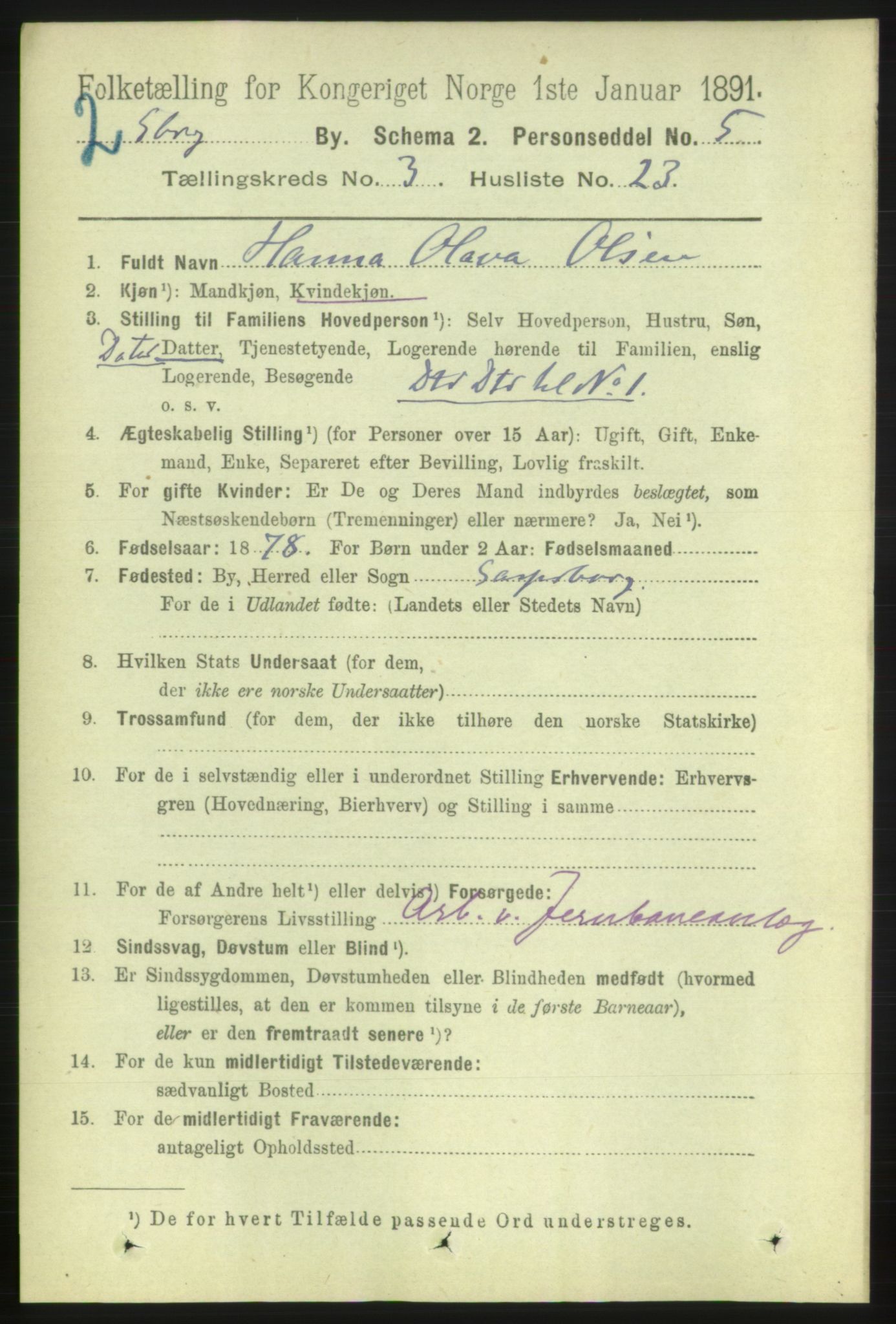 RA, 1891 census for 0102 Sarpsborg, 1891, p. 2662