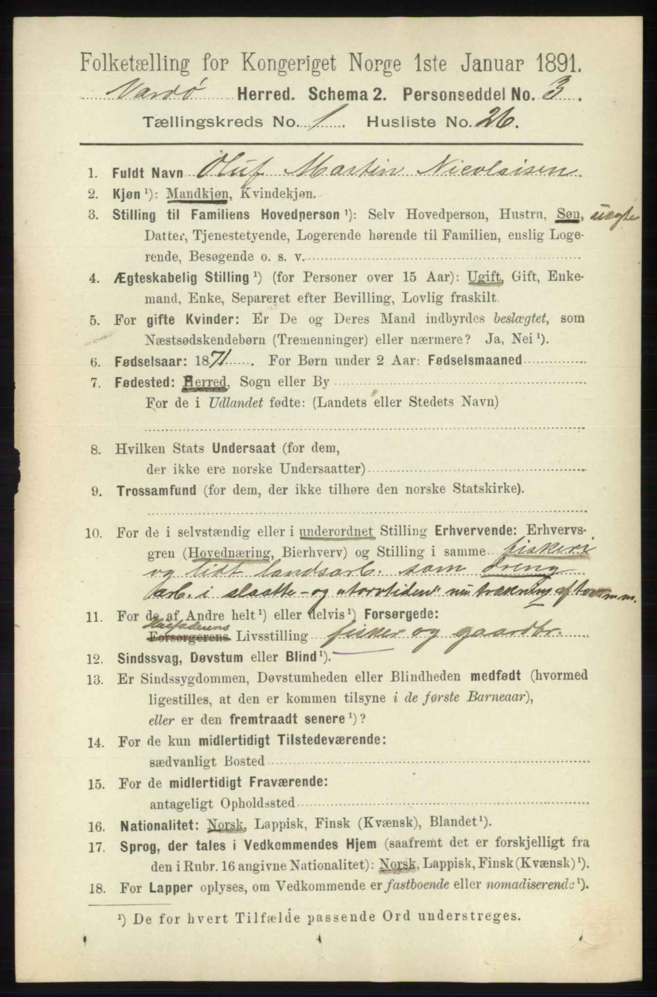 RA, 1891 census for 2028 Vardø, 1891, p. 198