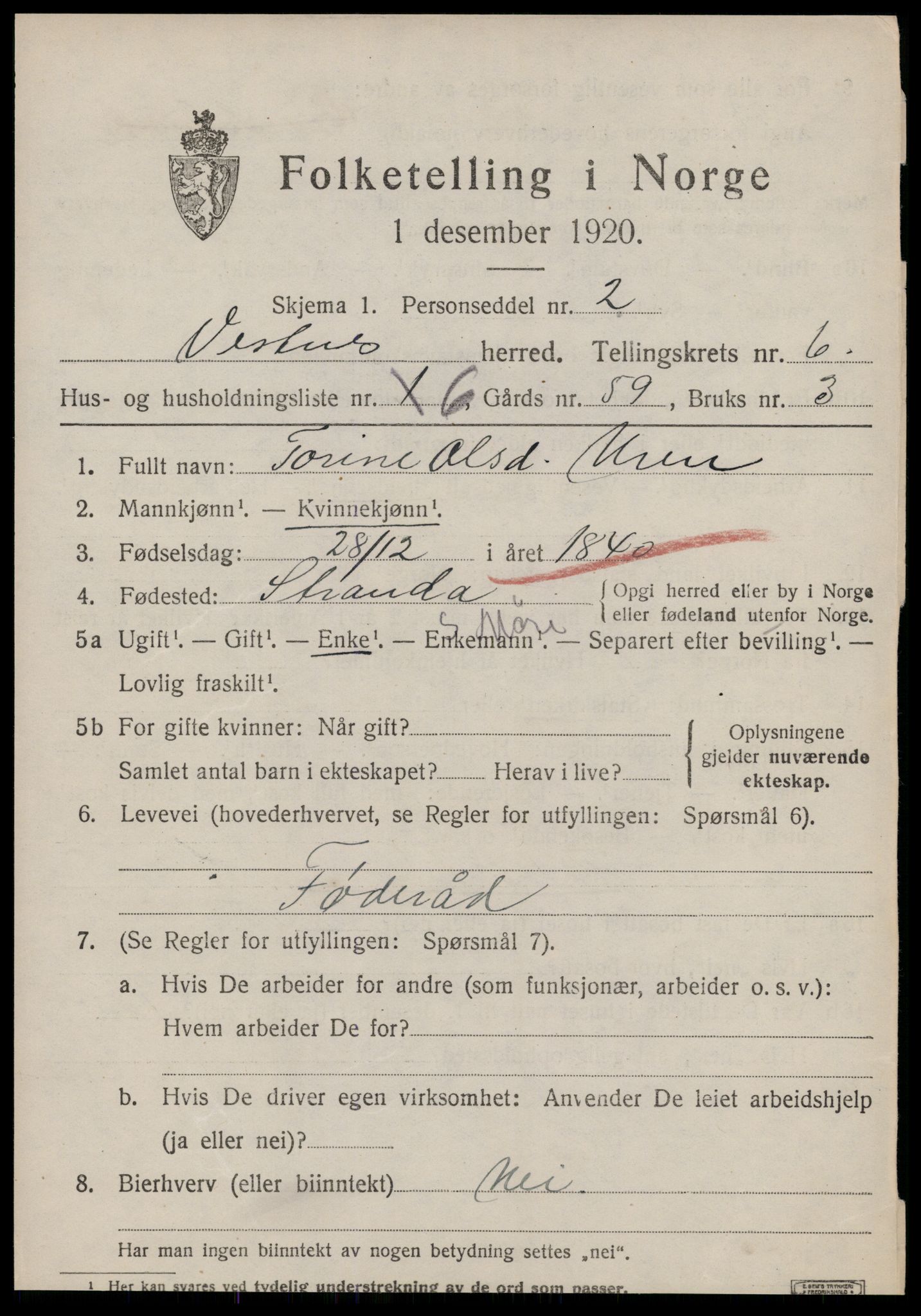 SAT, 1920 census for Vestnes, 1920, p. 4361