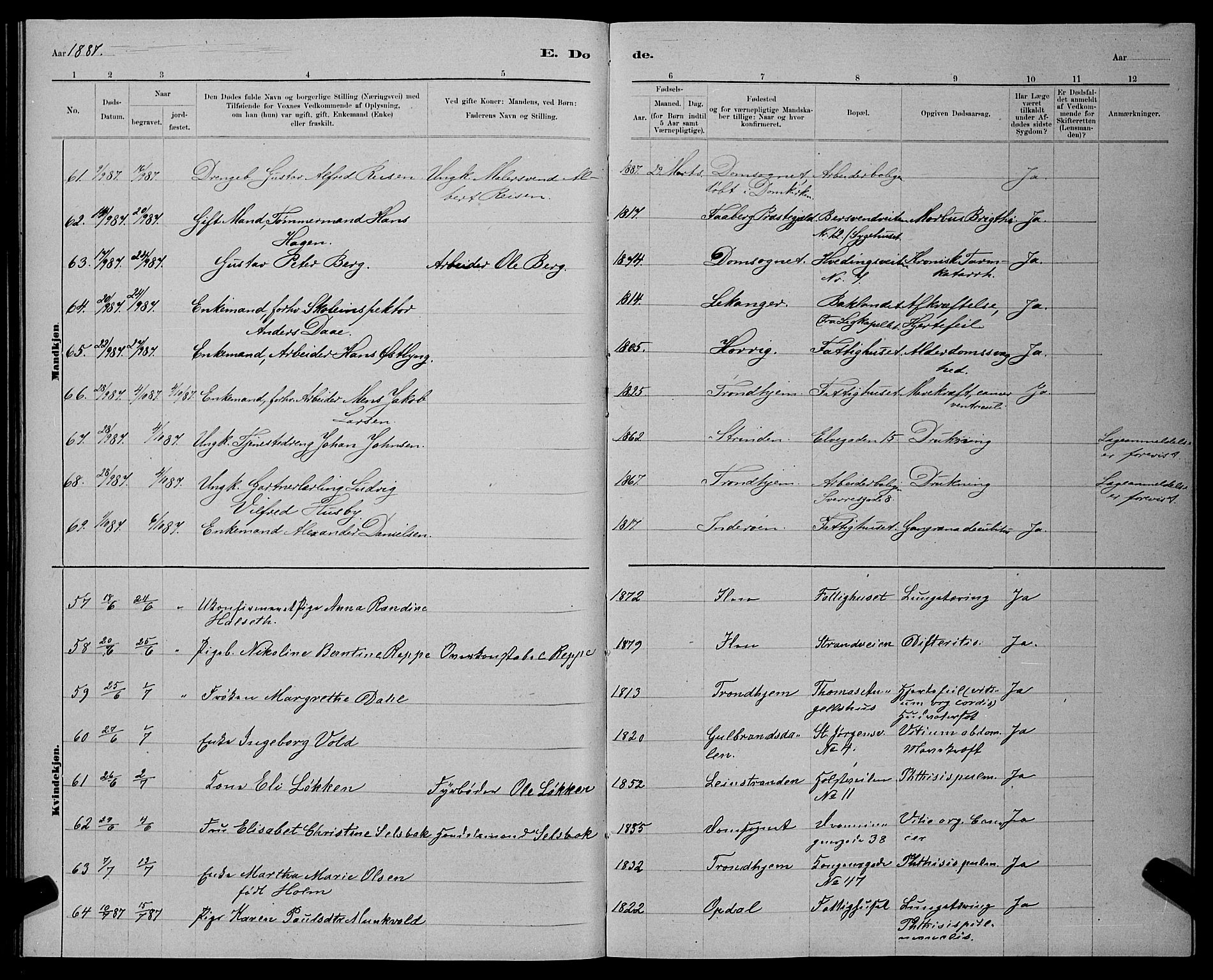 Ministerialprotokoller, klokkerbøker og fødselsregistre - Sør-Trøndelag, AV/SAT-A-1456/601/L0093: Parish register (copy) no. 601C11, 1882-1898