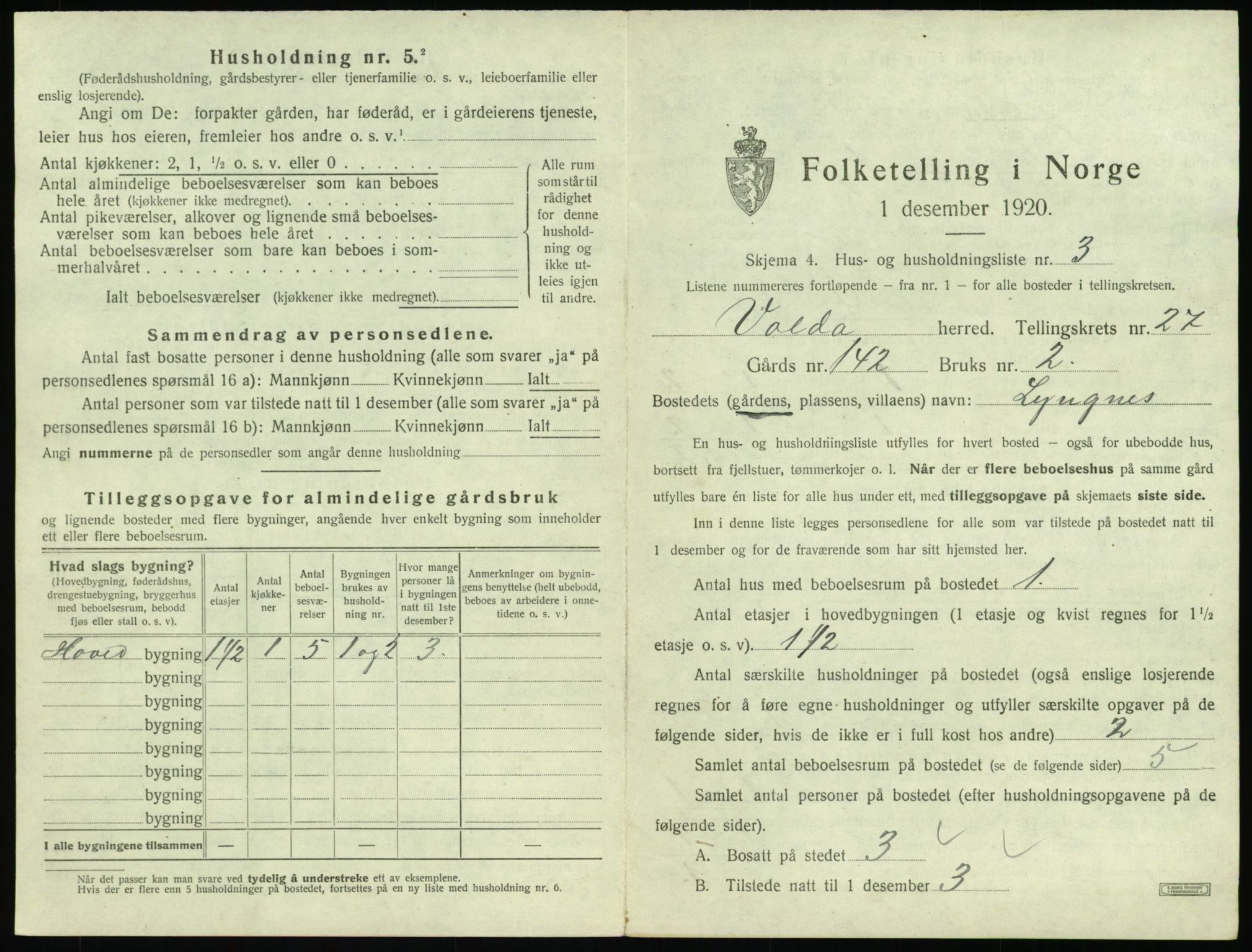 SAT, 1920 census for Volda, 1920, p. 1694