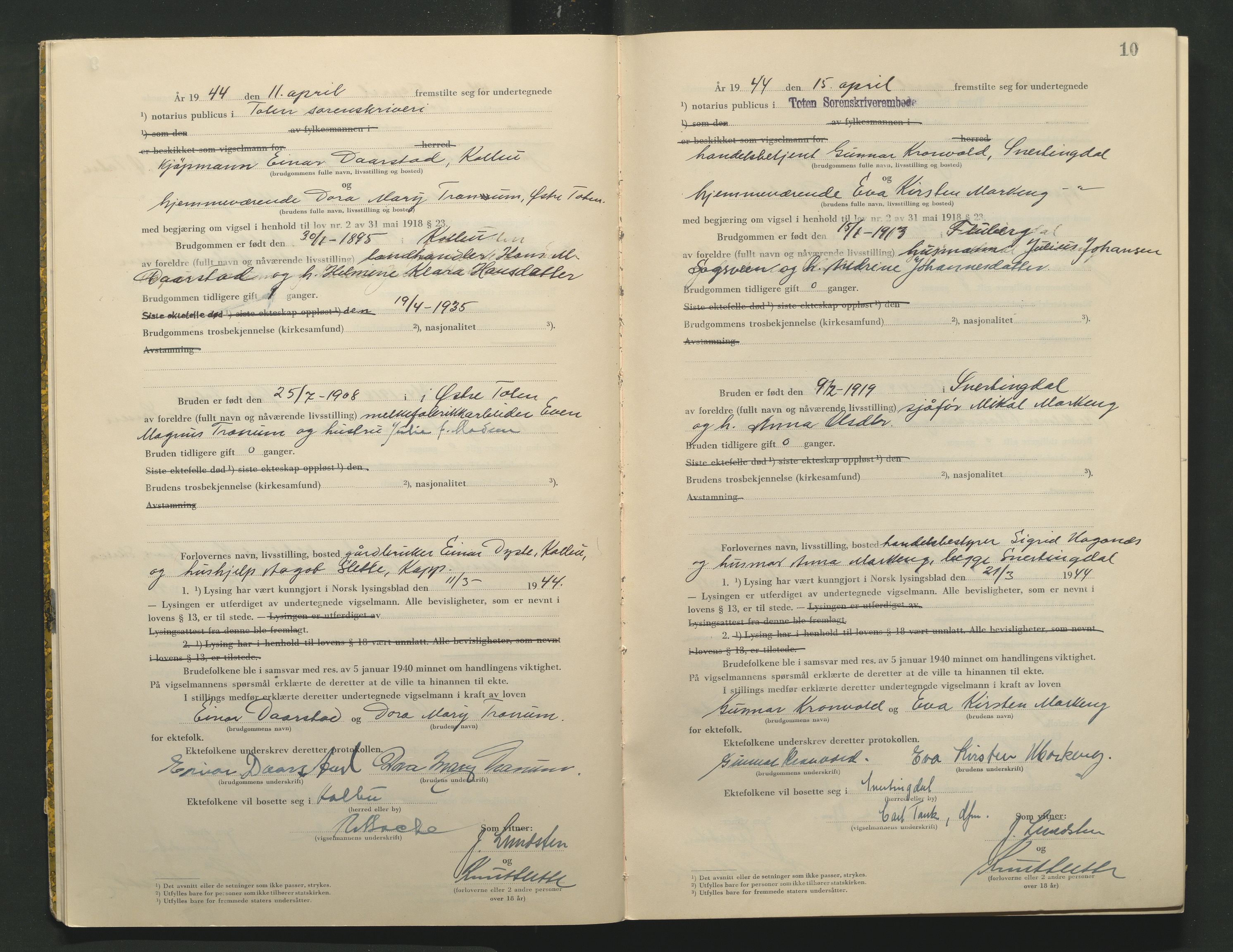 Toten tingrett, AV/SAH-TING-006/L/Lc/L0004: Vigselbok, 1944, p. 10