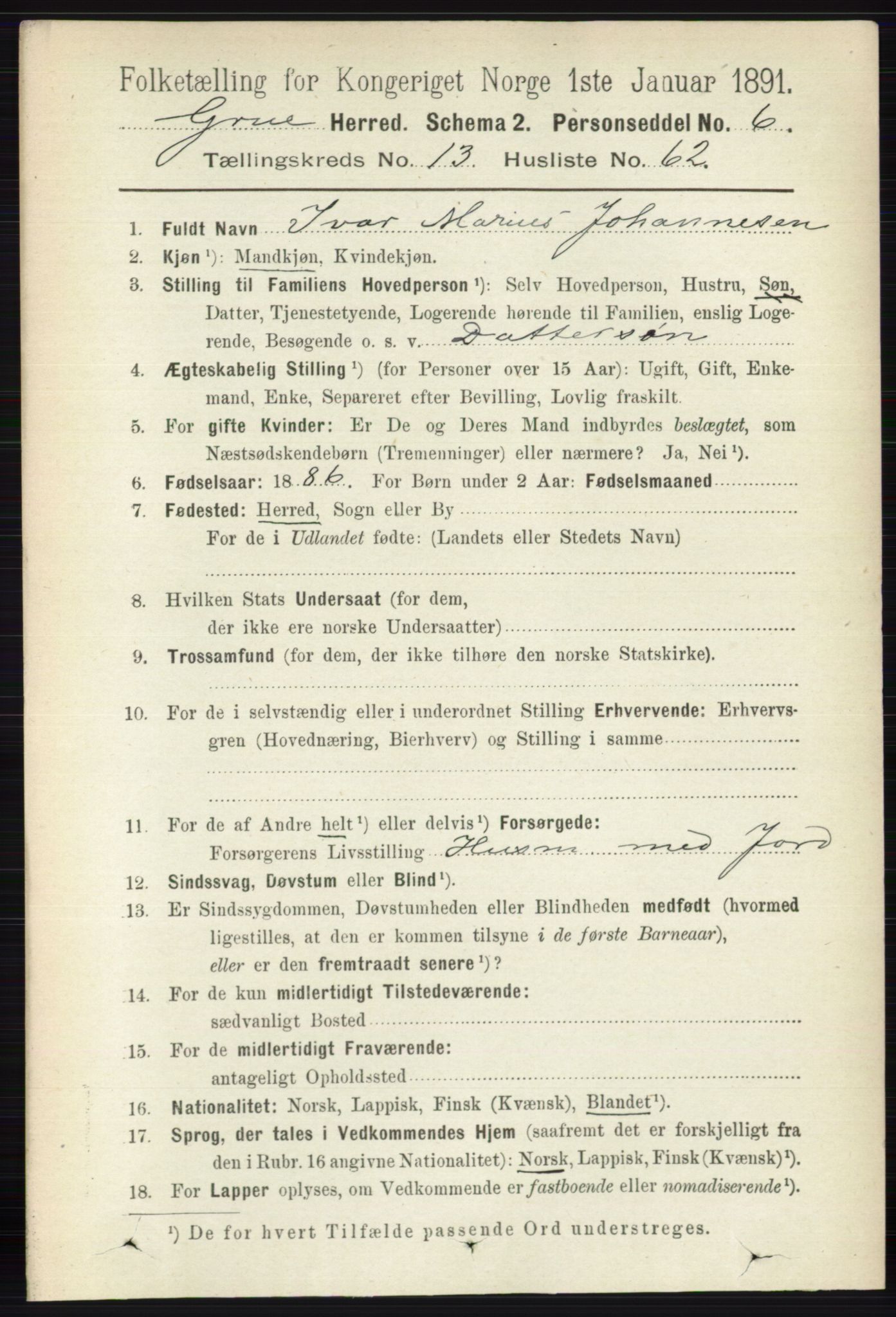 RA, 1891 census for 0423 Grue, 1891, p. 6975