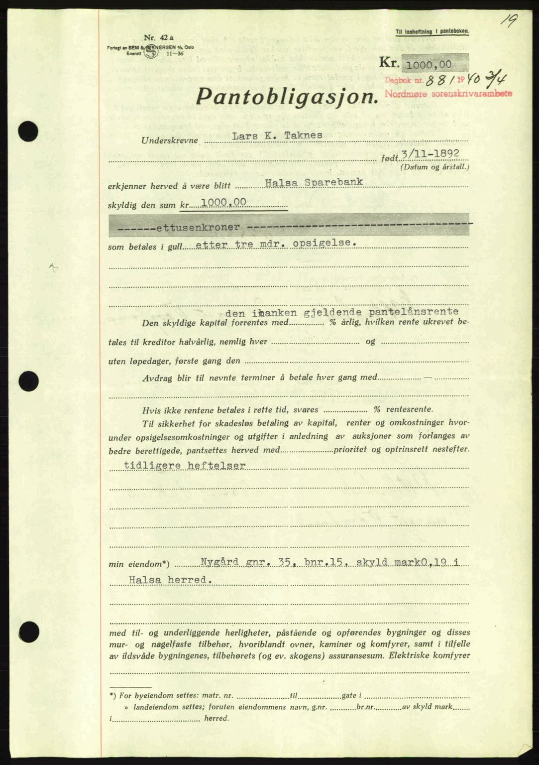 Nordmøre sorenskriveri, AV/SAT-A-4132/1/2/2Ca: Mortgage book no. B87, 1940-1941, Diary no: : 881/1940