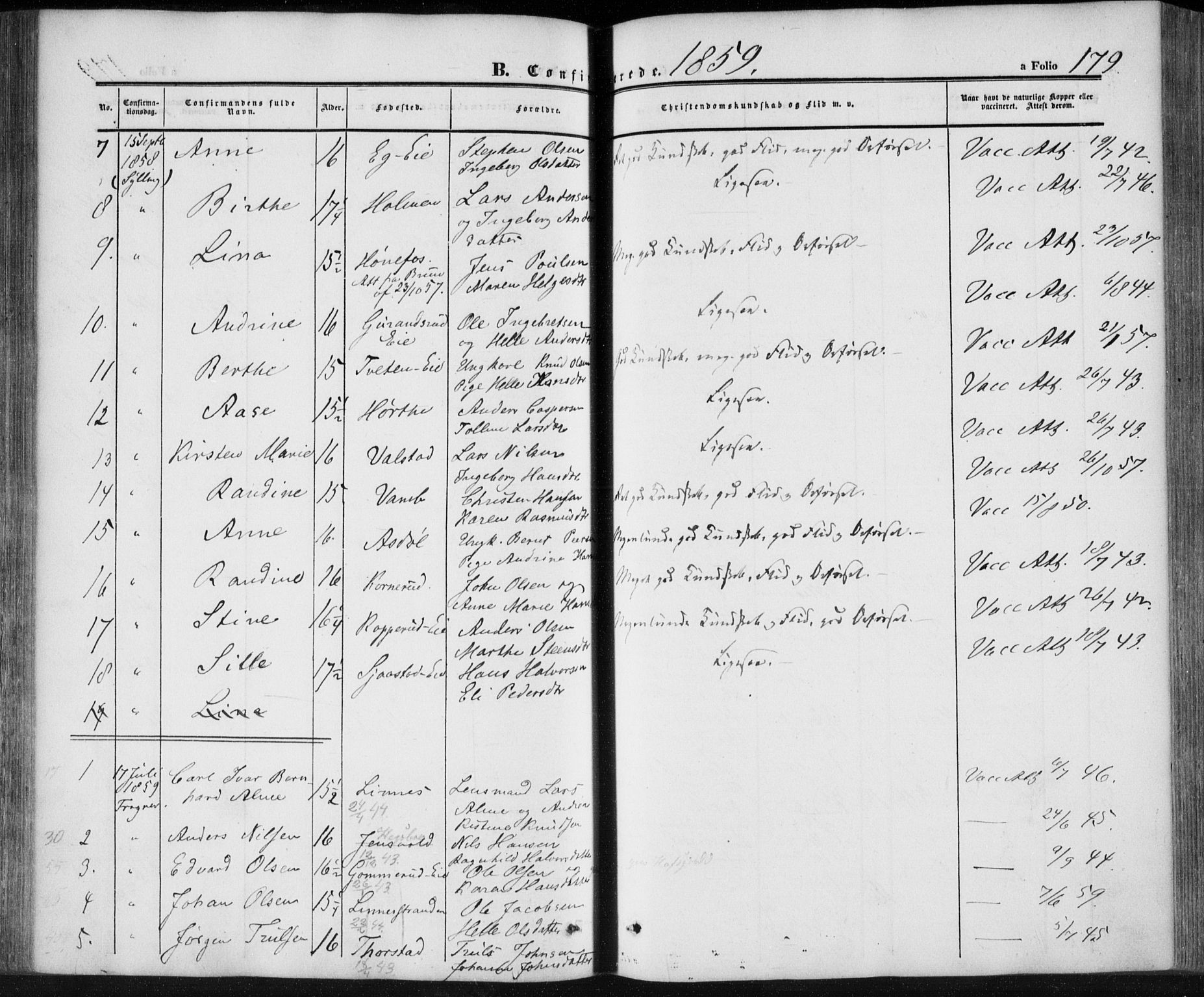 Lier kirkebøker, AV/SAKO-A-230/F/Fa/L0012: Parish register (official) no. I 12, 1854-1864, p. 179