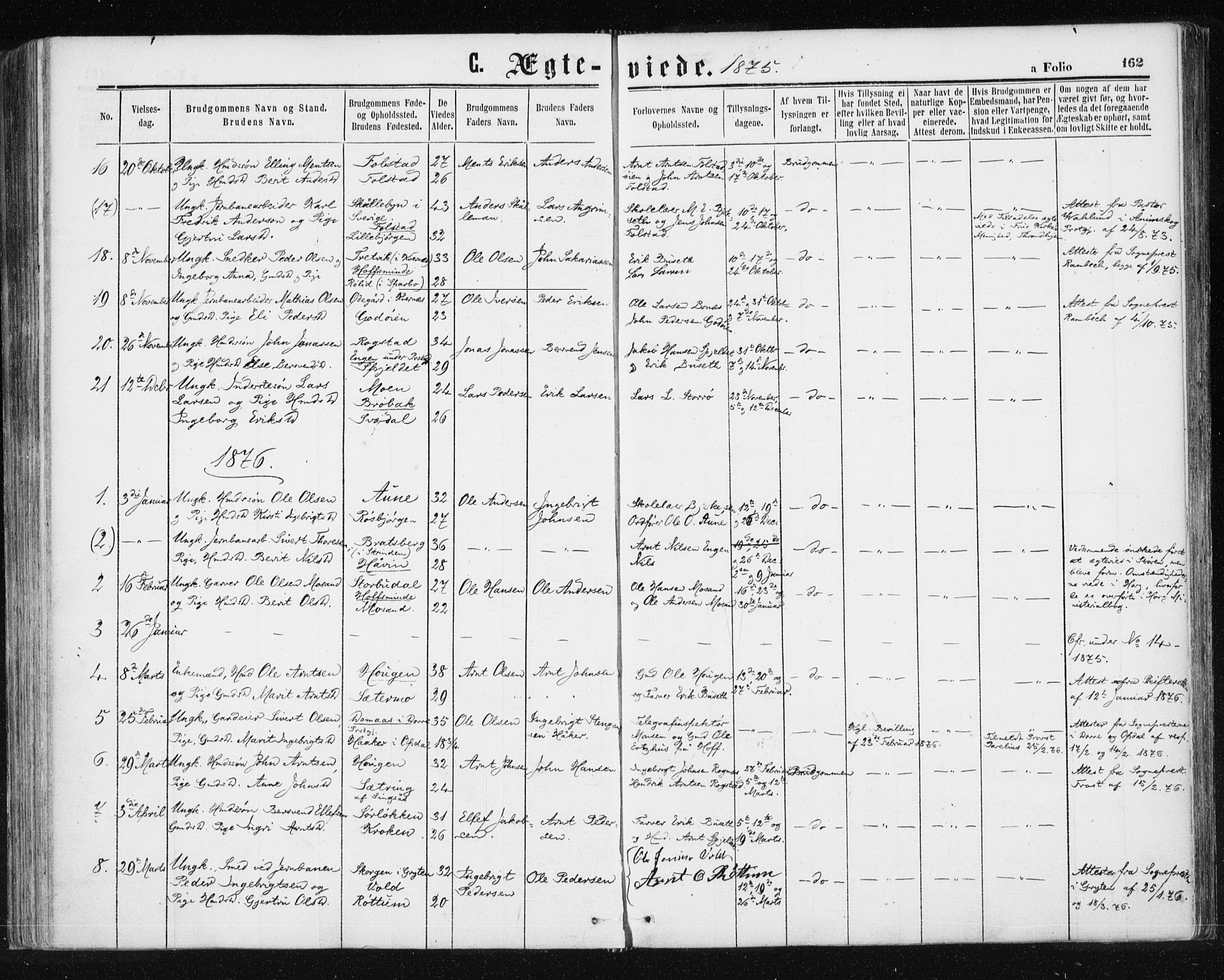 Ministerialprotokoller, klokkerbøker og fødselsregistre - Sør-Trøndelag, AV/SAT-A-1456/687/L1001: Parish register (official) no. 687A07, 1863-1878, p. 162