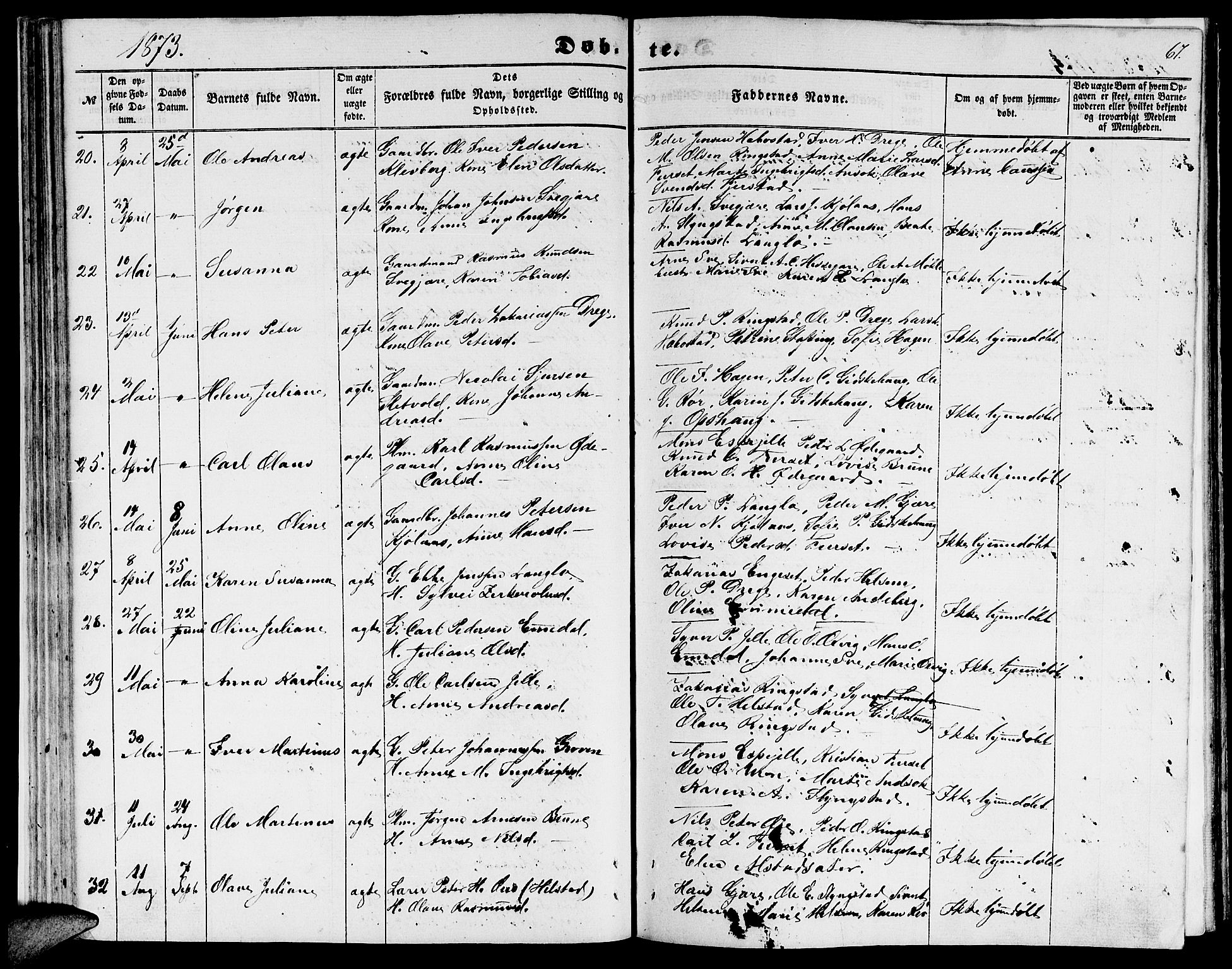 Ministerialprotokoller, klokkerbøker og fødselsregistre - Møre og Romsdal, SAT/A-1454/520/L0291: Parish register (copy) no. 520C03, 1854-1881, p. 67