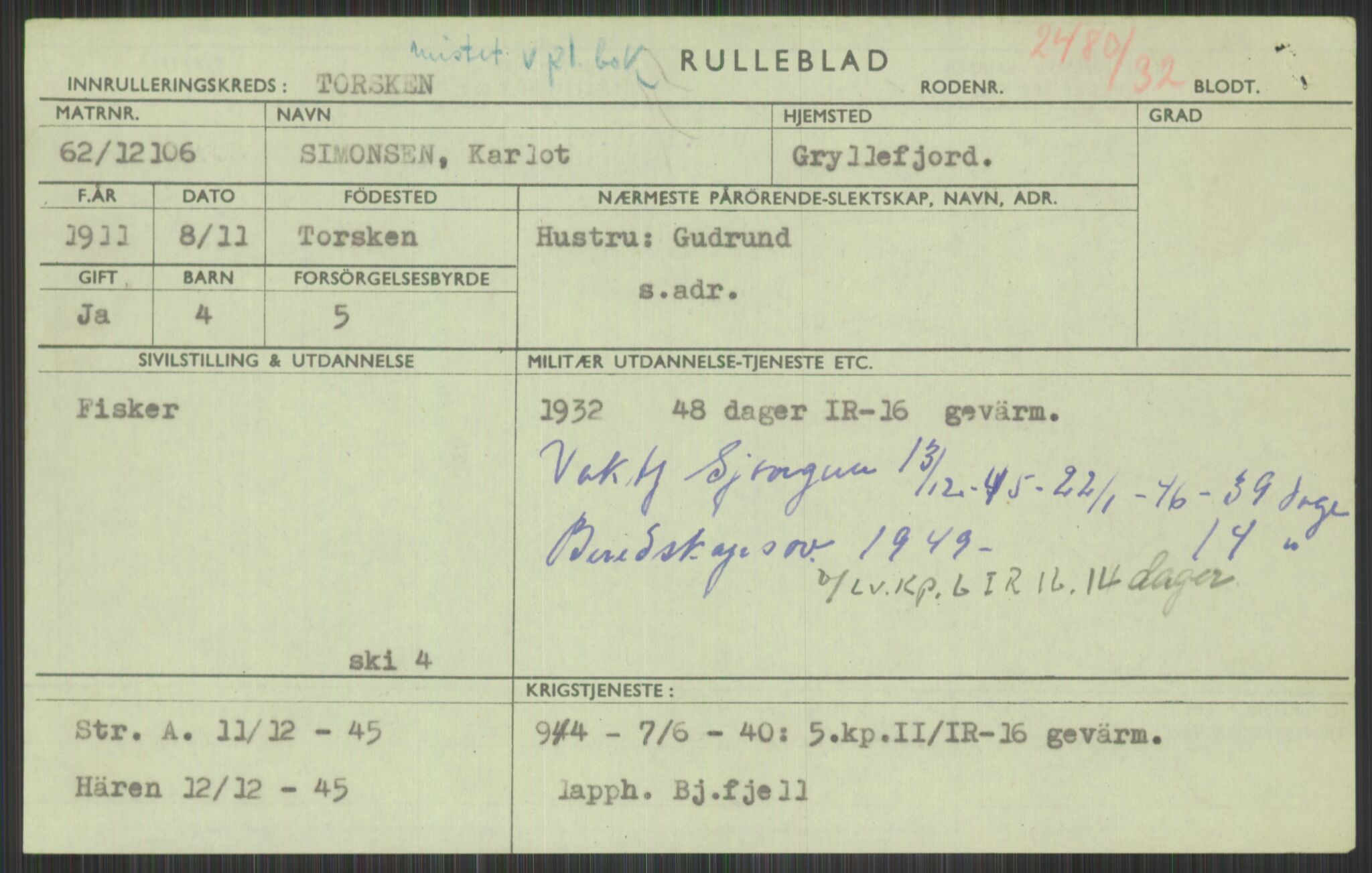 Forsvaret, Troms infanteriregiment nr. 16, AV/RA-RAFA-3146/P/Pa/L0016: Rulleblad for regimentets menige mannskaper, årsklasse 1932, 1932, p. 1433