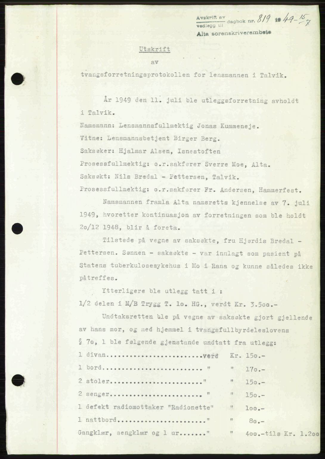 Alta fogderi/sorenskriveri, SATØ/SATØ-5/1/K/Kd/L0038pantebok: Mortgage book no. 41-42, 1949-1950, Diary no: : 819/1949