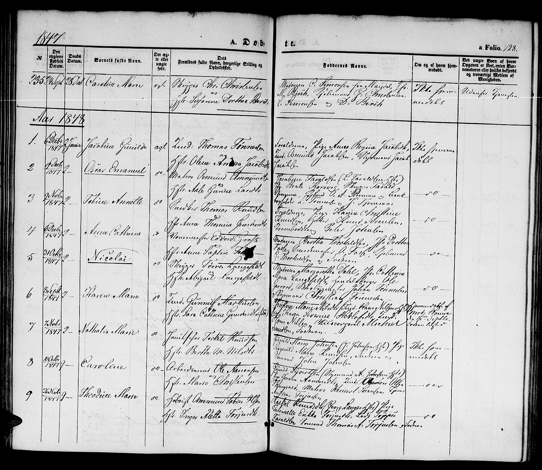 Kristiansand domprosti, SAK/1112-0006/F/Fb/L0010: Parish register (copy) no. B 10, 1843-1850, p. 128